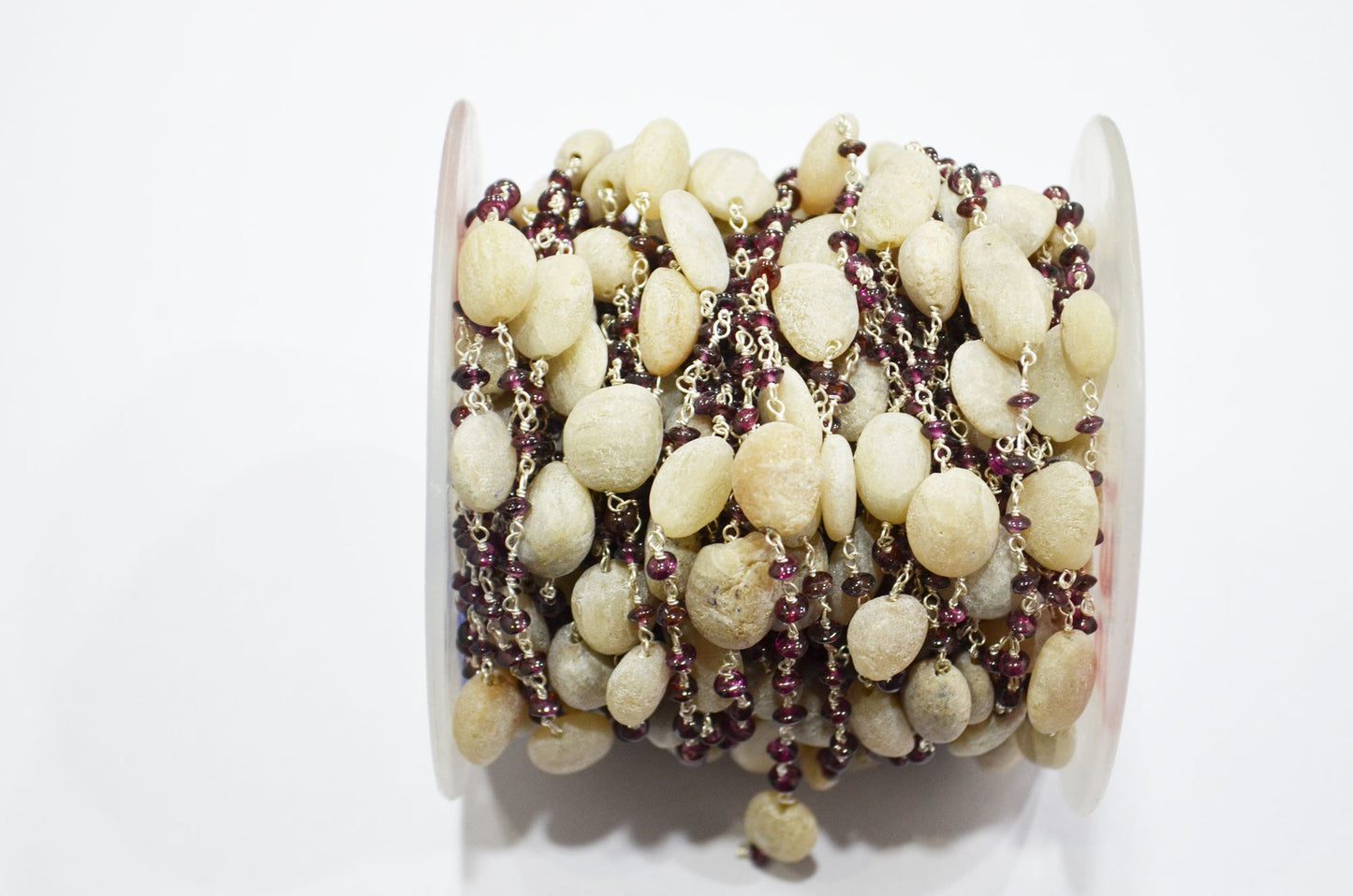 Rhodolite Garnet Smooth Button Shape Rosary Beaded Chain ,White Feldspar Rough Pebble Wire Wrapped Chain , 3 - 3.5 mm , RB-6101