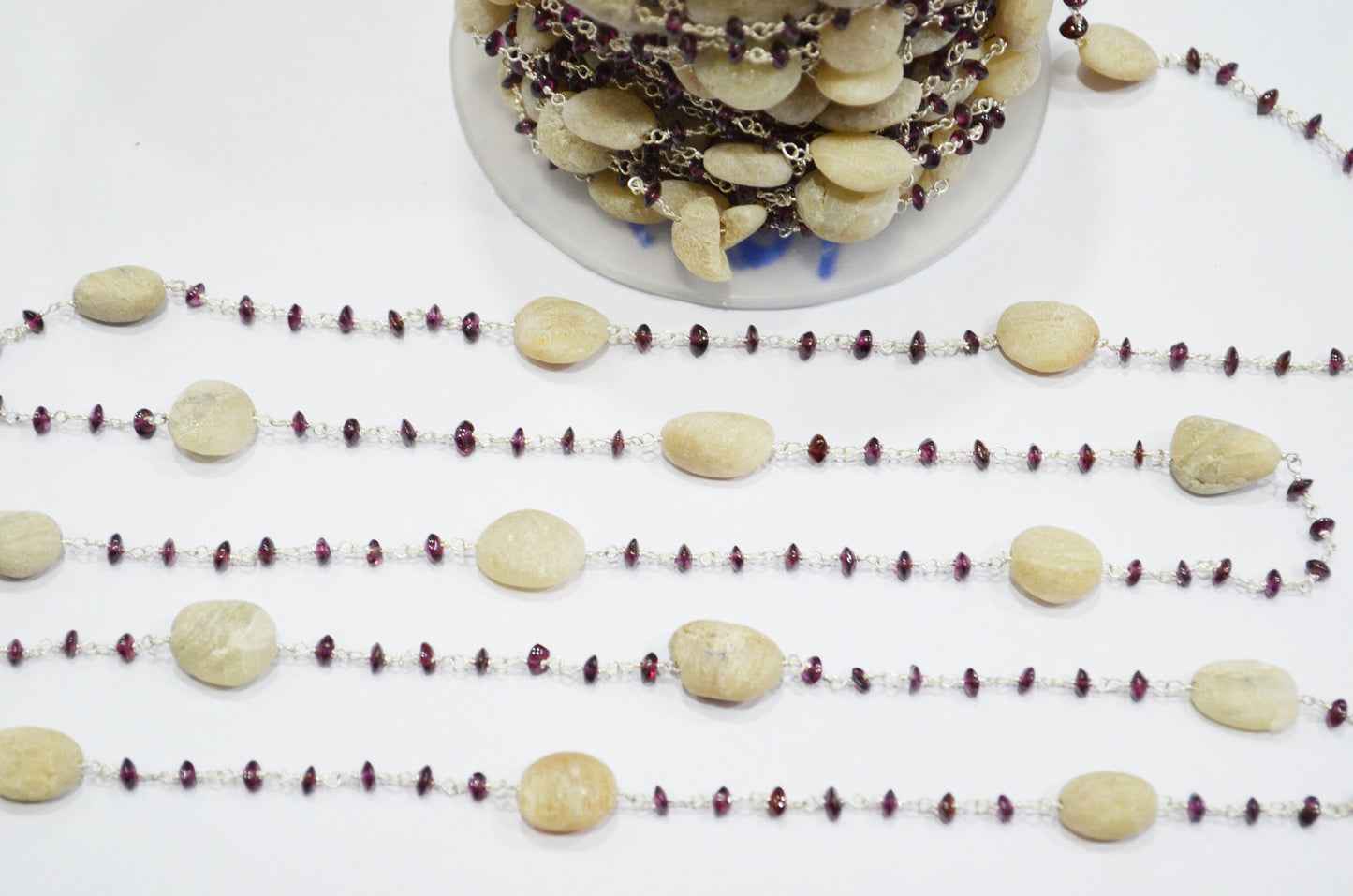 Rhodolite Garnet Smooth Button Shape Rosary Beaded Chain ,White Feldspar Rough Pebble Wire Wrapped Chain , 3 - 3.5 mm , RB-6101