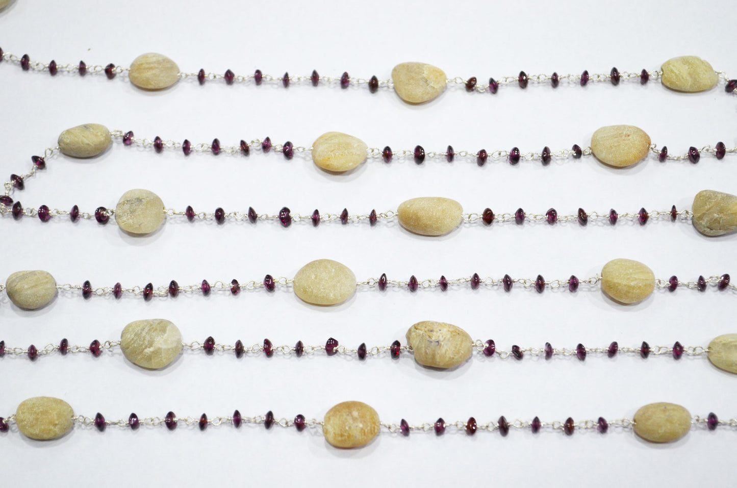 Rhodolite Garnet Smooth Button Shape Rosary Beaded Chain ,White Feldspar Rough Pebble Wire Wrapped Chain , 3 - 3.5 mm , RB-6101