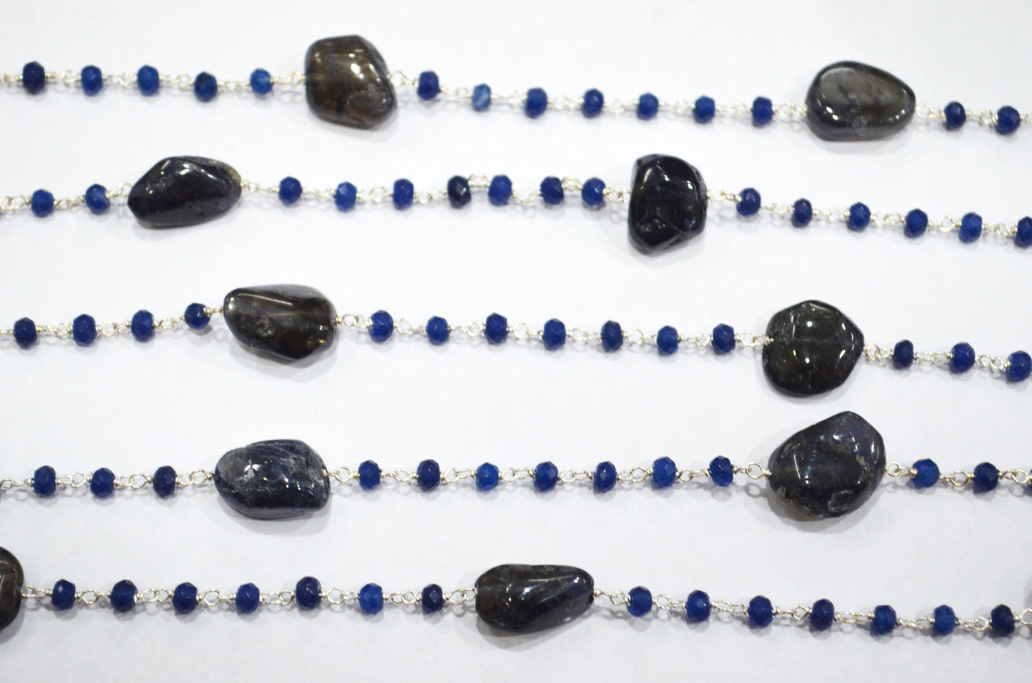 Sapphire Jade Faceted Rondelle Shape Rosary Beaded Chain , Iolite Smooth Nuggets Wire Wrapped Chain , 4 mm , RB-6102