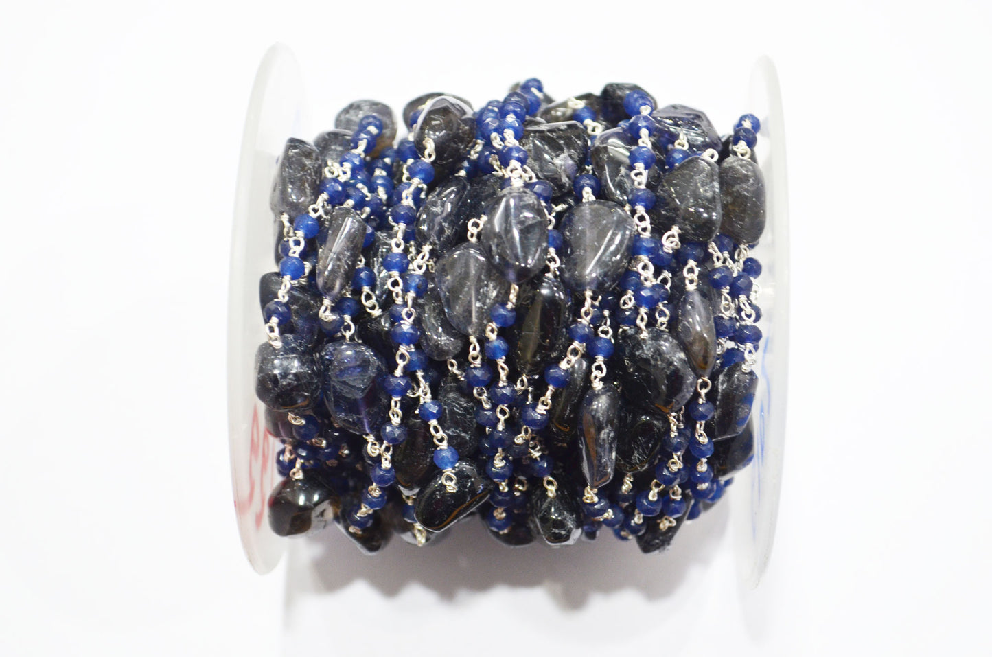 Sapphire Jade Faceted Rondelle Shape Rosary Beaded Chain , Iolite Smooth Nuggets Wire Wrapped Chain , 4 mm , RB-6102