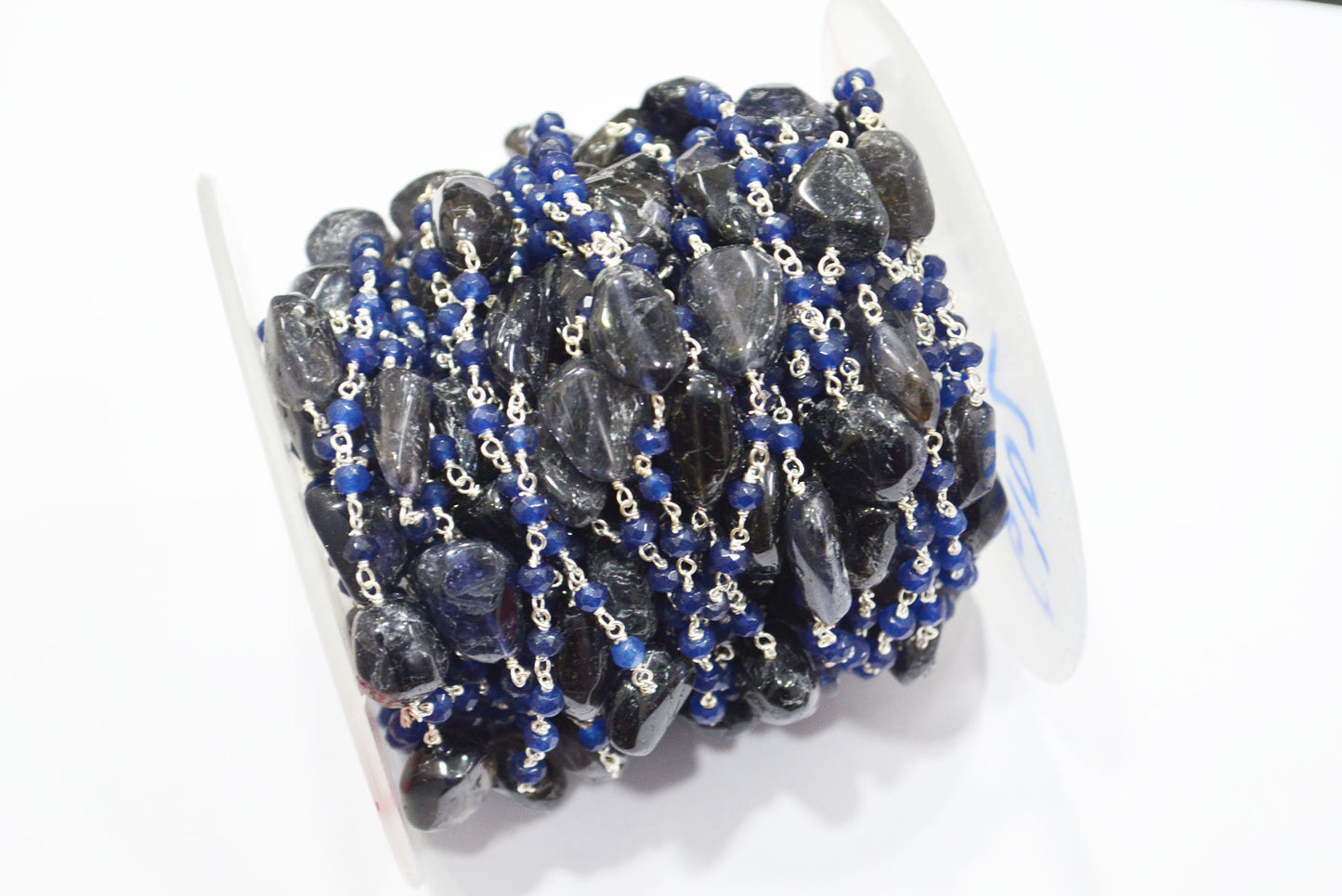 Sapphire Jade Faceted Rondelle Shape Rosary Beaded Chain , Iolite Smooth Nuggets Wire Wrapped Chain , 4 mm , RB-6102