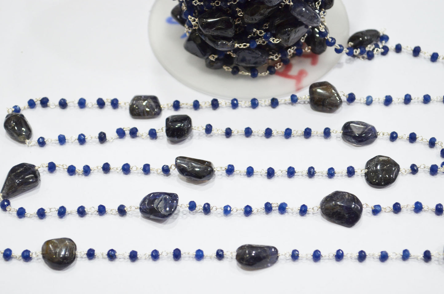 Sapphire Jade Faceted Rondelle Shape Rosary Beaded Chain , Iolite Smooth Nuggets Wire Wrapped Chain , 4 mm , RB-6102