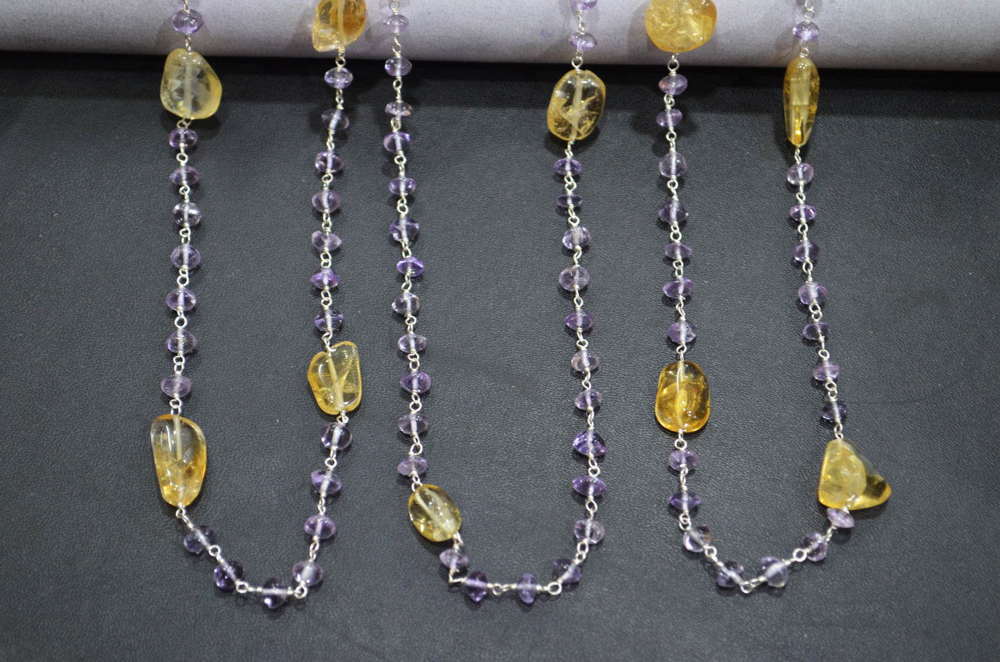 Pink Amethyst Smooth Button Shape Rosary Beaded Chain , Citrine Nuggets Shape Wire Wrapped Chain , 5 - 6 mm , RB-6104