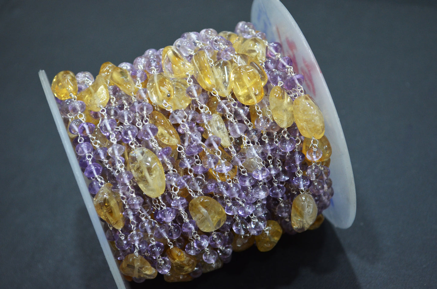 Pink Amethyst Smooth Button Shape Rosary Beaded Chain , Citrine Nuggets Shape Wire Wrapped Chain , 5 - 6 mm , RB-6104