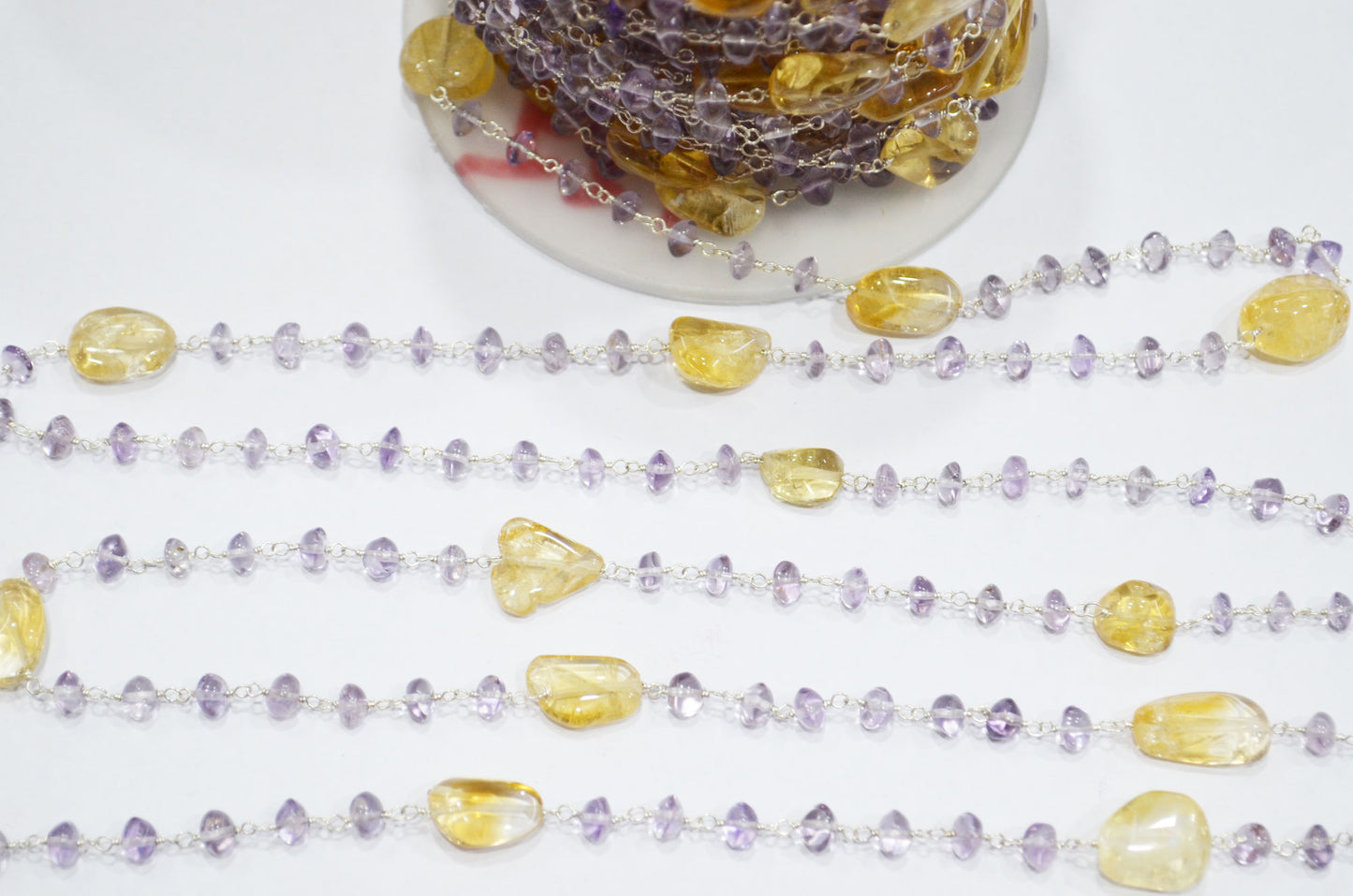 Pink Amethyst Smooth Button Shape Rosary Beaded Chain , Citrine Nuggets Shape Wire Wrapped Chain , 5 - 6 mm , RB-6104