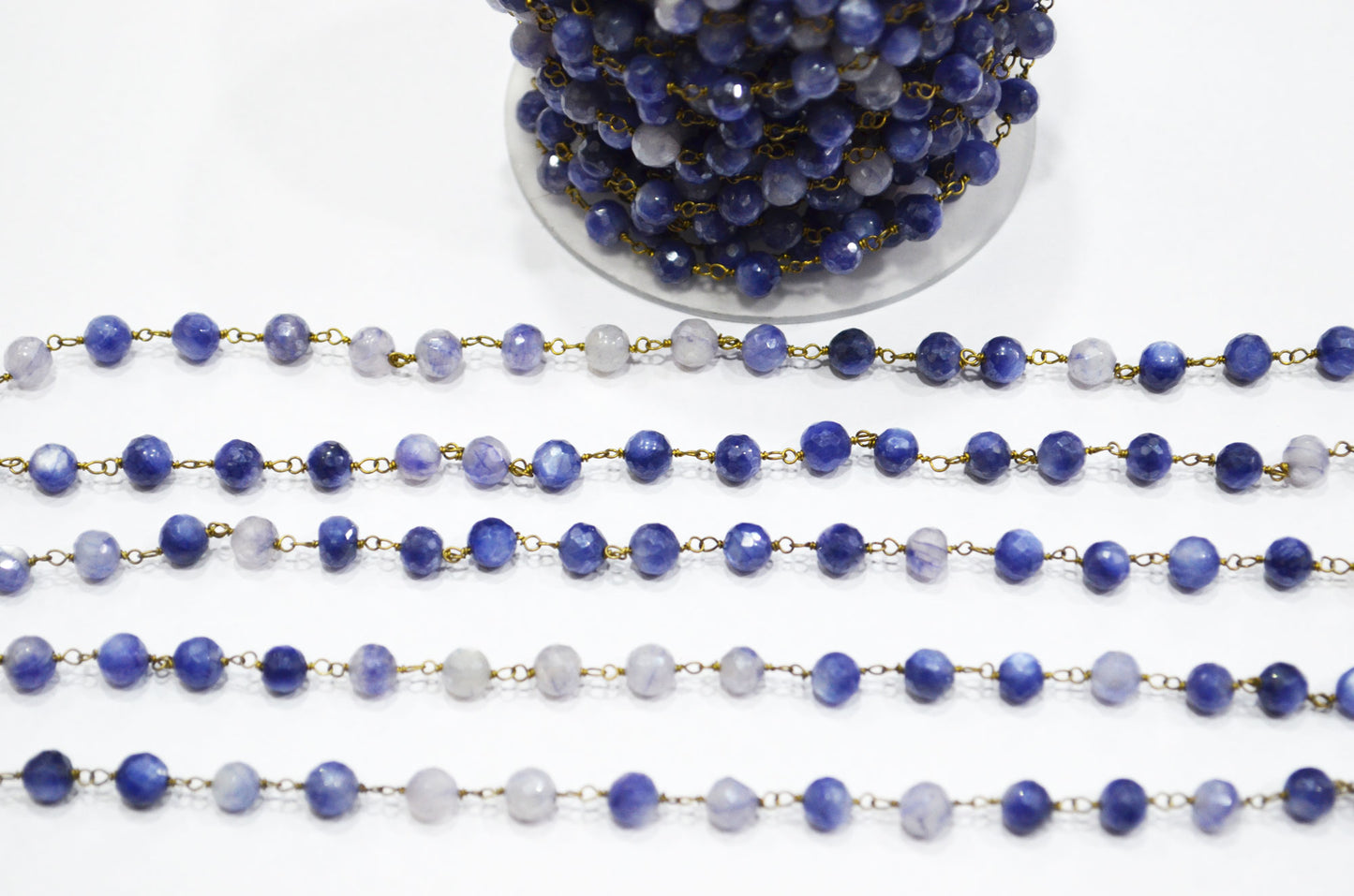 Sapphire Colored Moonstone Faceted Round Shape Rosary Beaded Chain , 4 - 4.50 mm , RB-6105