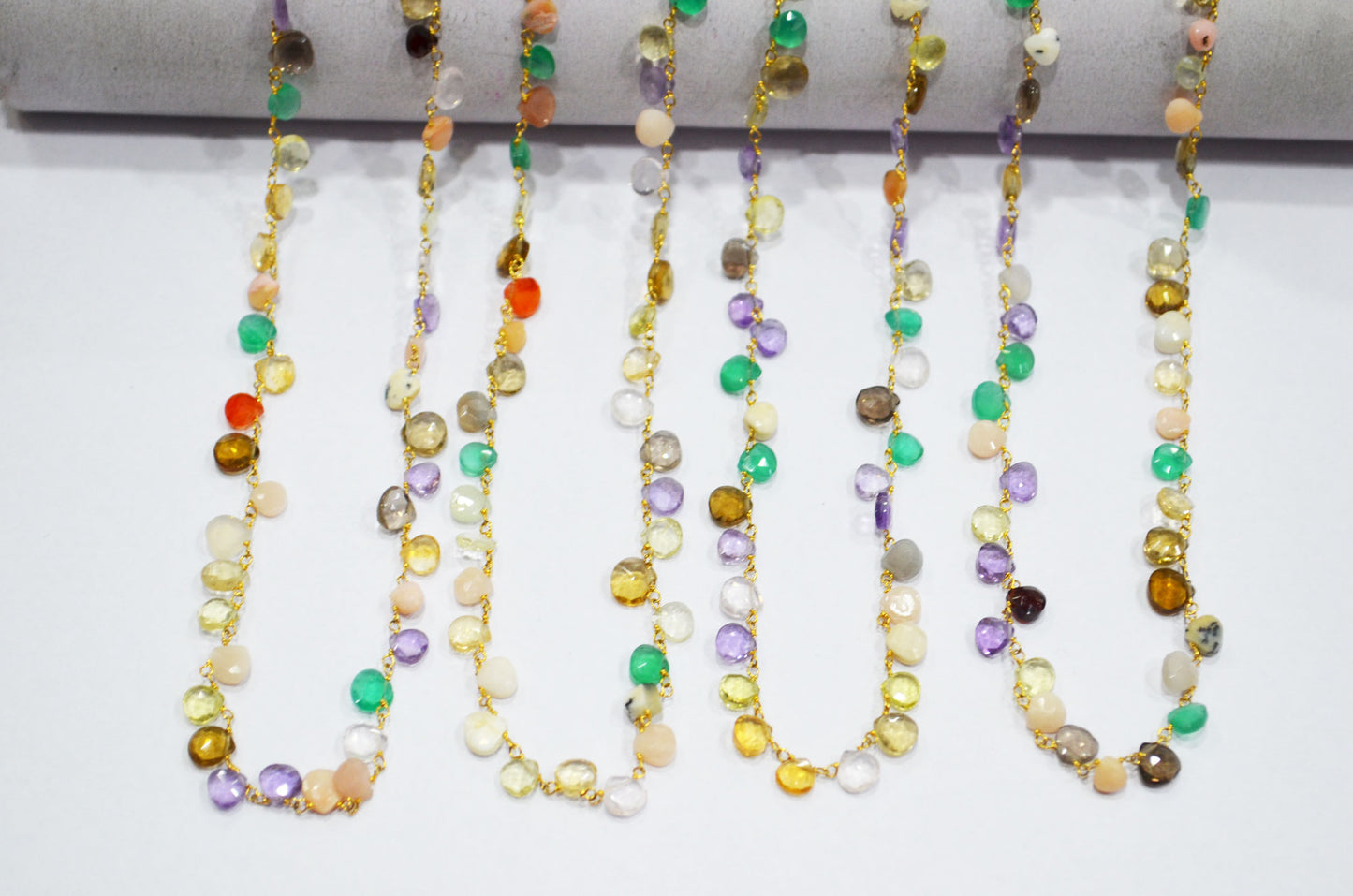 Multi Semi Precious Stone Heart Shape Chain , Multi Semi Precious Faceted Heart Rosary Beaded Chain , 5x5 - 7x7 mm , RB-6106