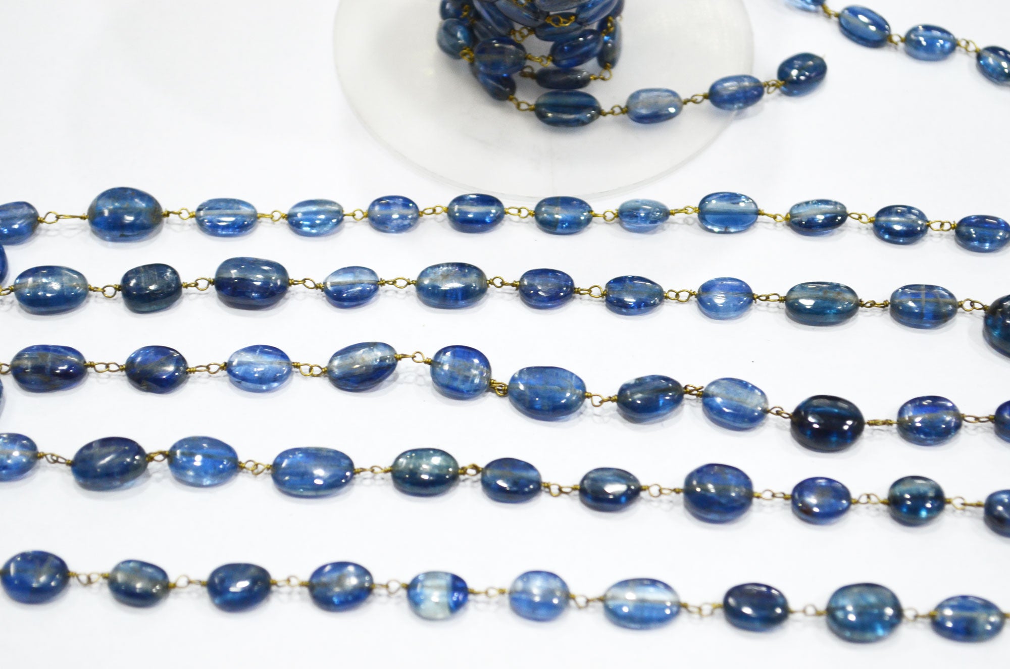 Natural Kyanite Smooth Oval Nuggets Rosary Beaded Chain , Natural Kyanite Wire Wrapped Chain , 5x7 - 7x8 mm , RB-6107