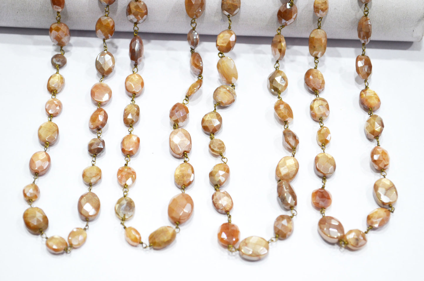Mystic Caramel Moonstone Faceted Oval Rosary Beaded Chain , 8 - 14 mm , RB-6108