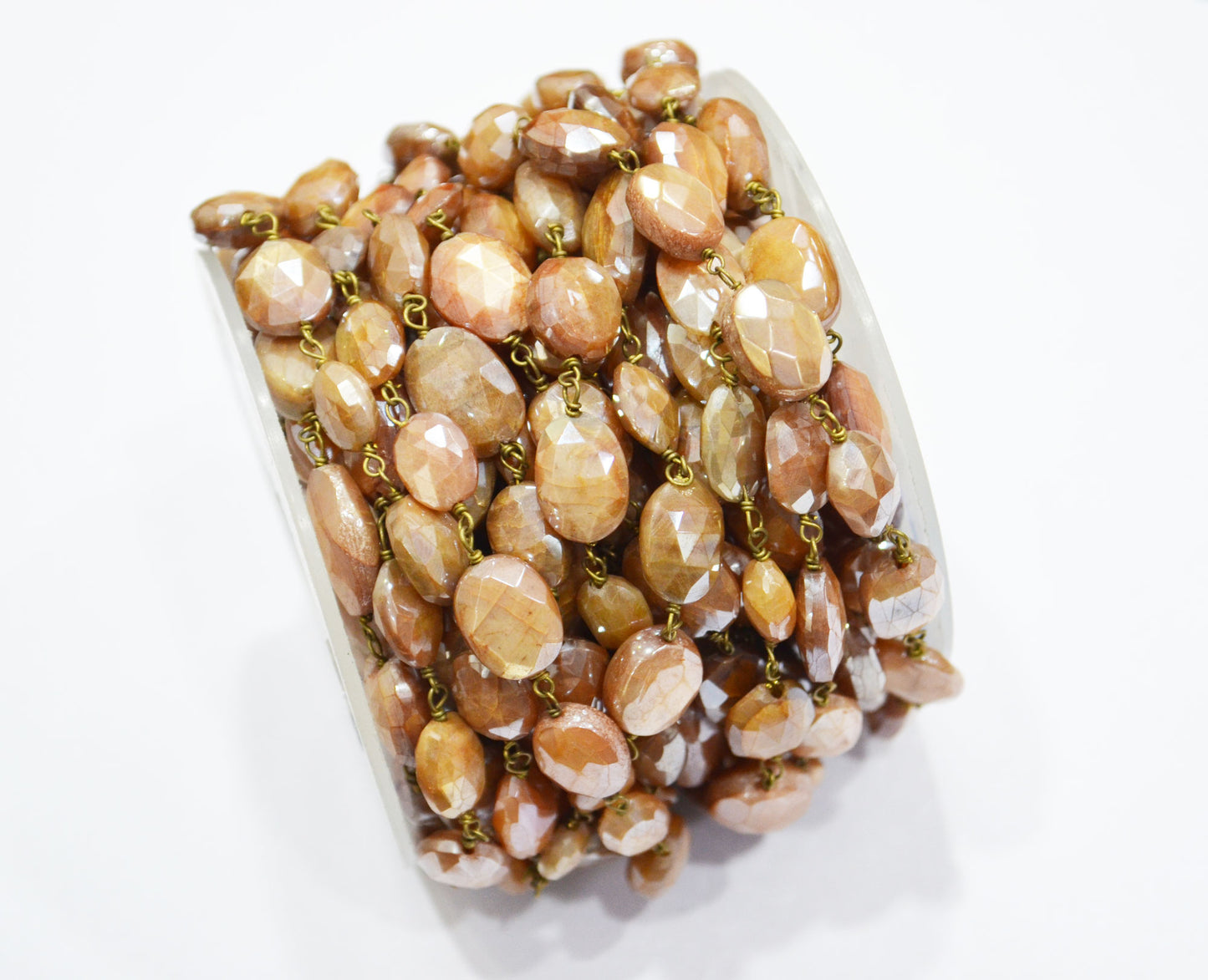 Mystic Caramel Moonstone Faceted Oval Rosary Beaded Chain , 8 - 14 mm , RB-6108