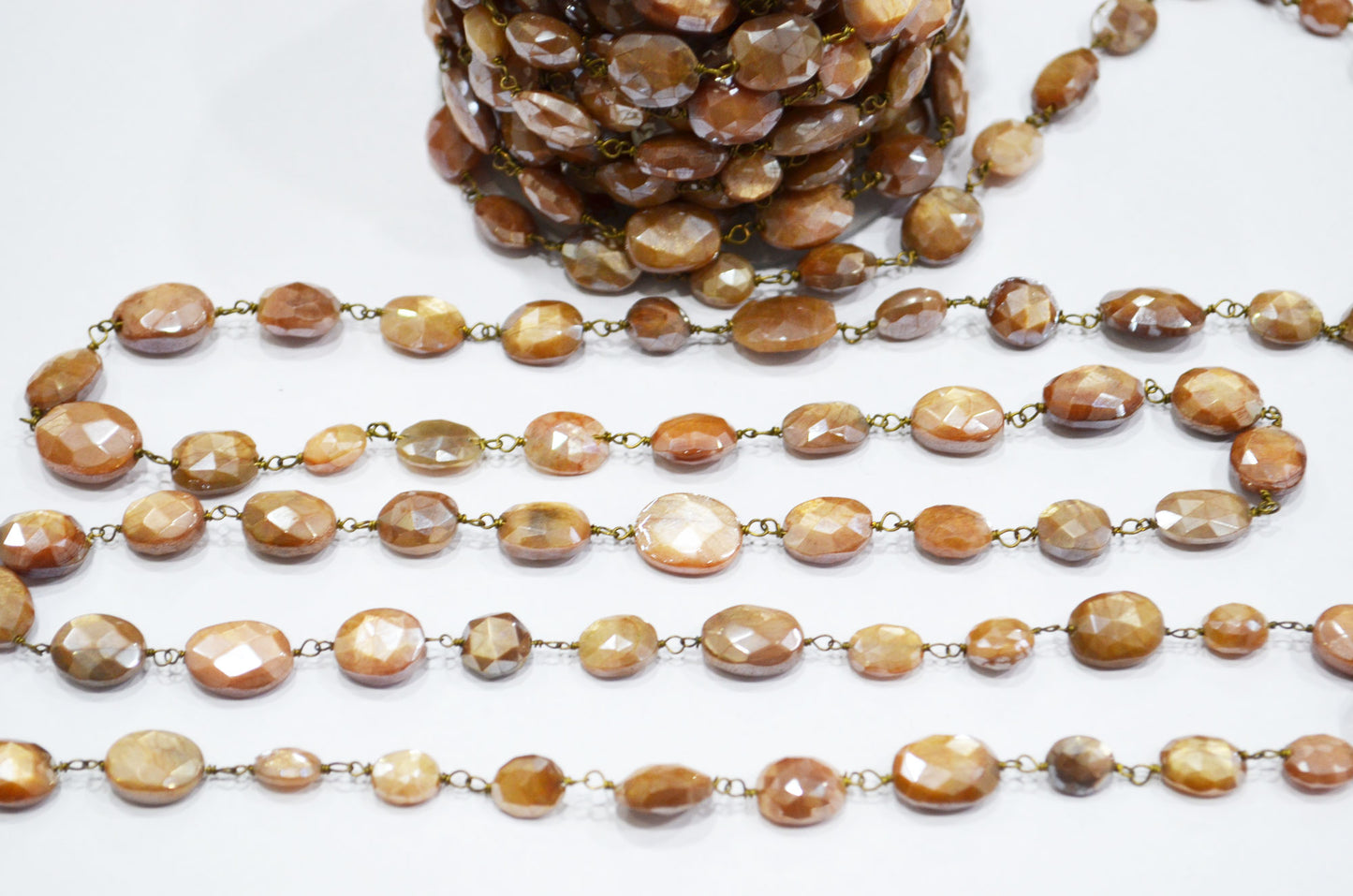 Mystic Caramel Moonstone Faceted Oval Rosary Beaded Chain , 8 - 14 mm , RB-6108