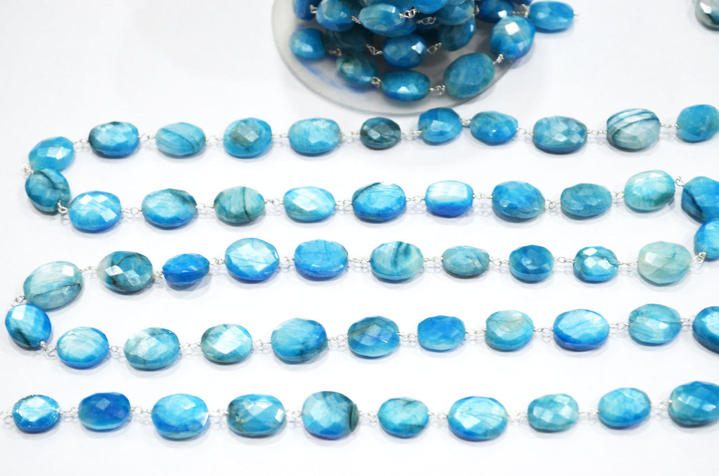 Mystic Aqua Blue Moonstone Faceted Oval Shape Rosary Beaded Chain , 8 - 16 mm , RB-6109