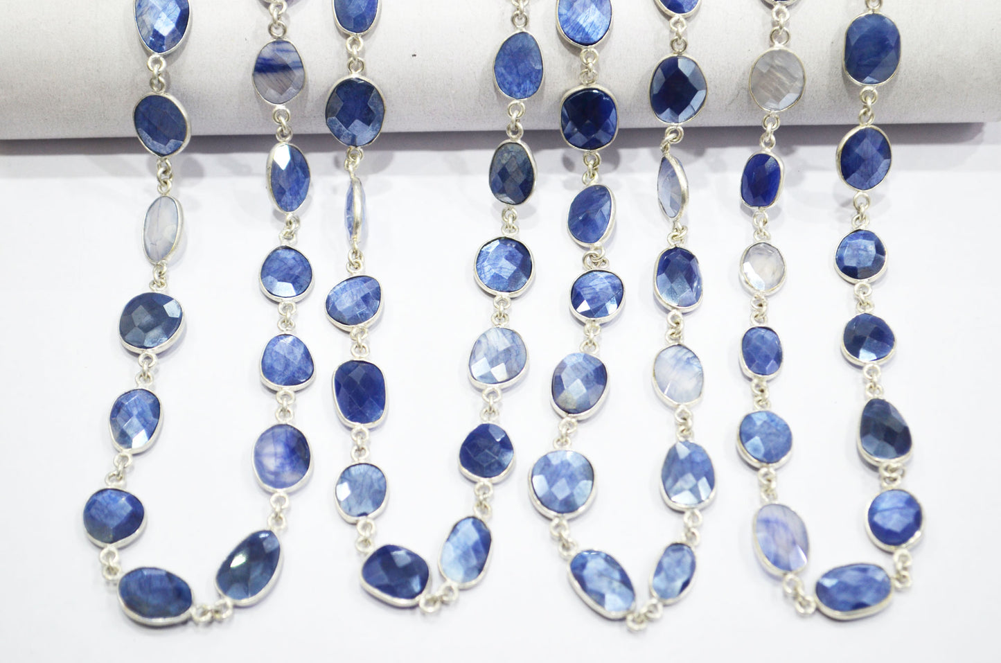 Sapphire Color Moonstone Faceted Slice Shape Connector Chain , 10 - 13 mm , RB-6124