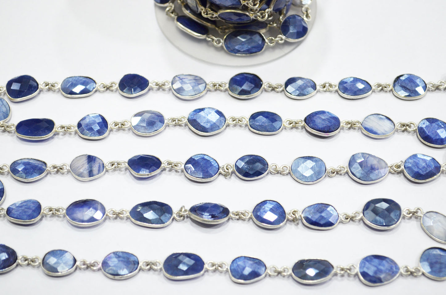 Sapphire Color Moonstone Faceted Slice Shape Connector Chain , 10 - 13 mm , RB-6124