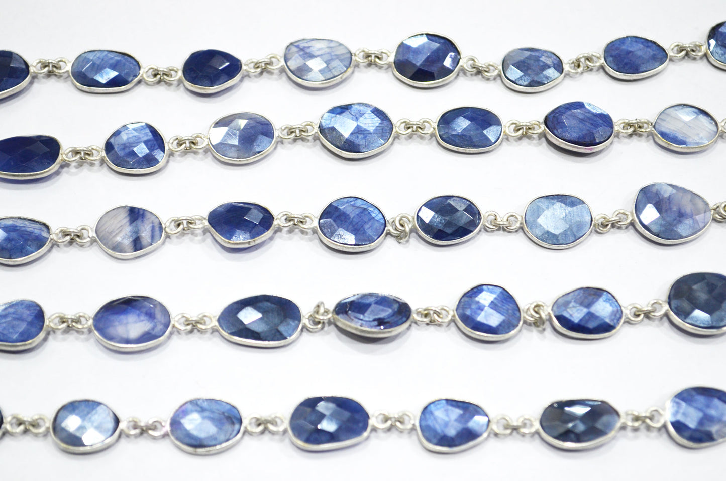 Sapphire Color Moonstone Faceted Slice Shape Connector Chain , 10 - 13 mm , RB-6124