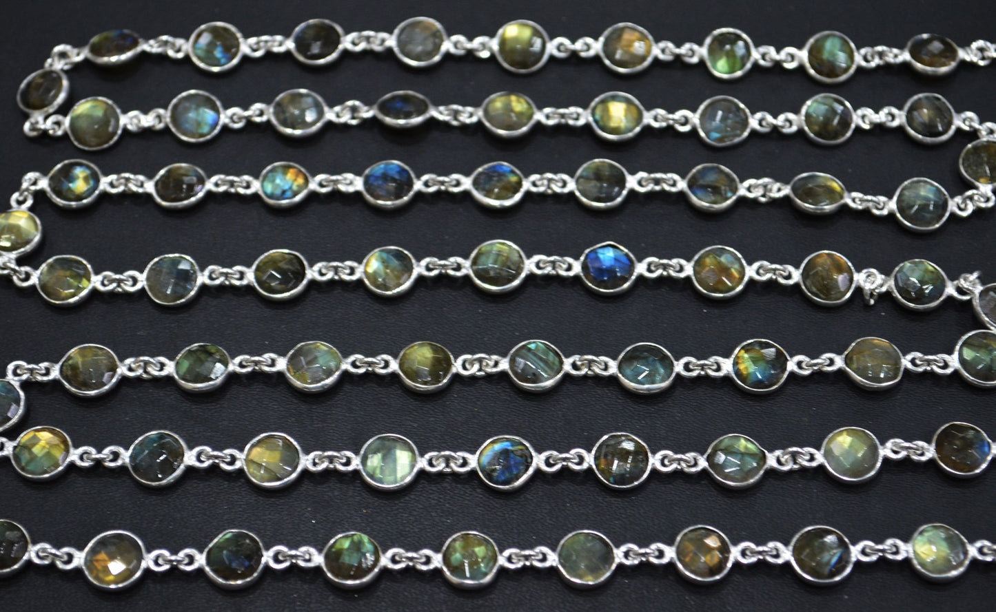 Labradorite Faceted Coin Shape Connector Chain , 8 mm , RB-6284