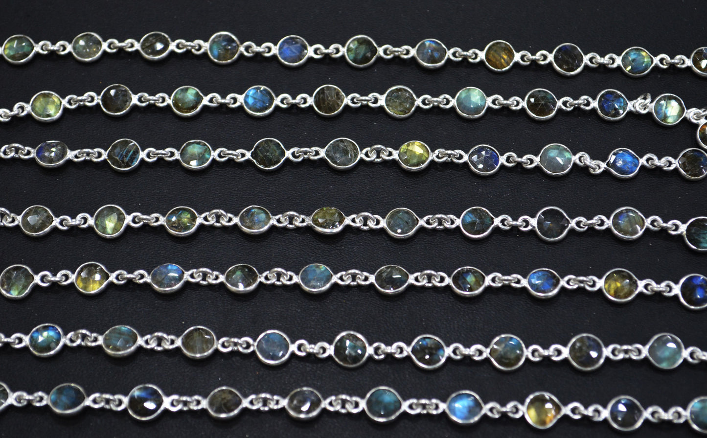 Labradorite Faceted Coin Shape Connector Chain , 6 mm , RB-6285