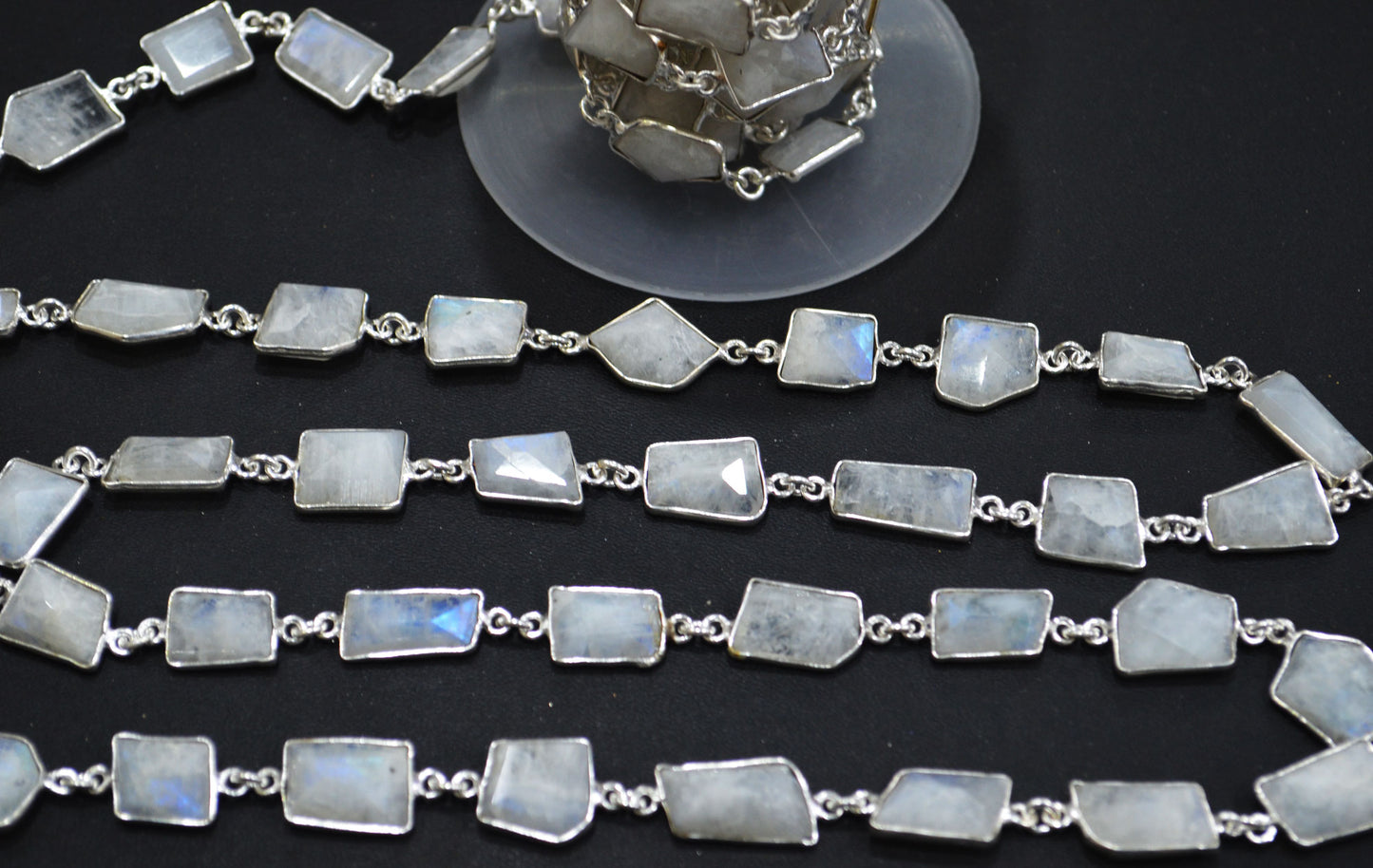 Rainbow Moonstone Silverite Fancy Cut Connector Chain , 10 - 17 mm , RB-6289