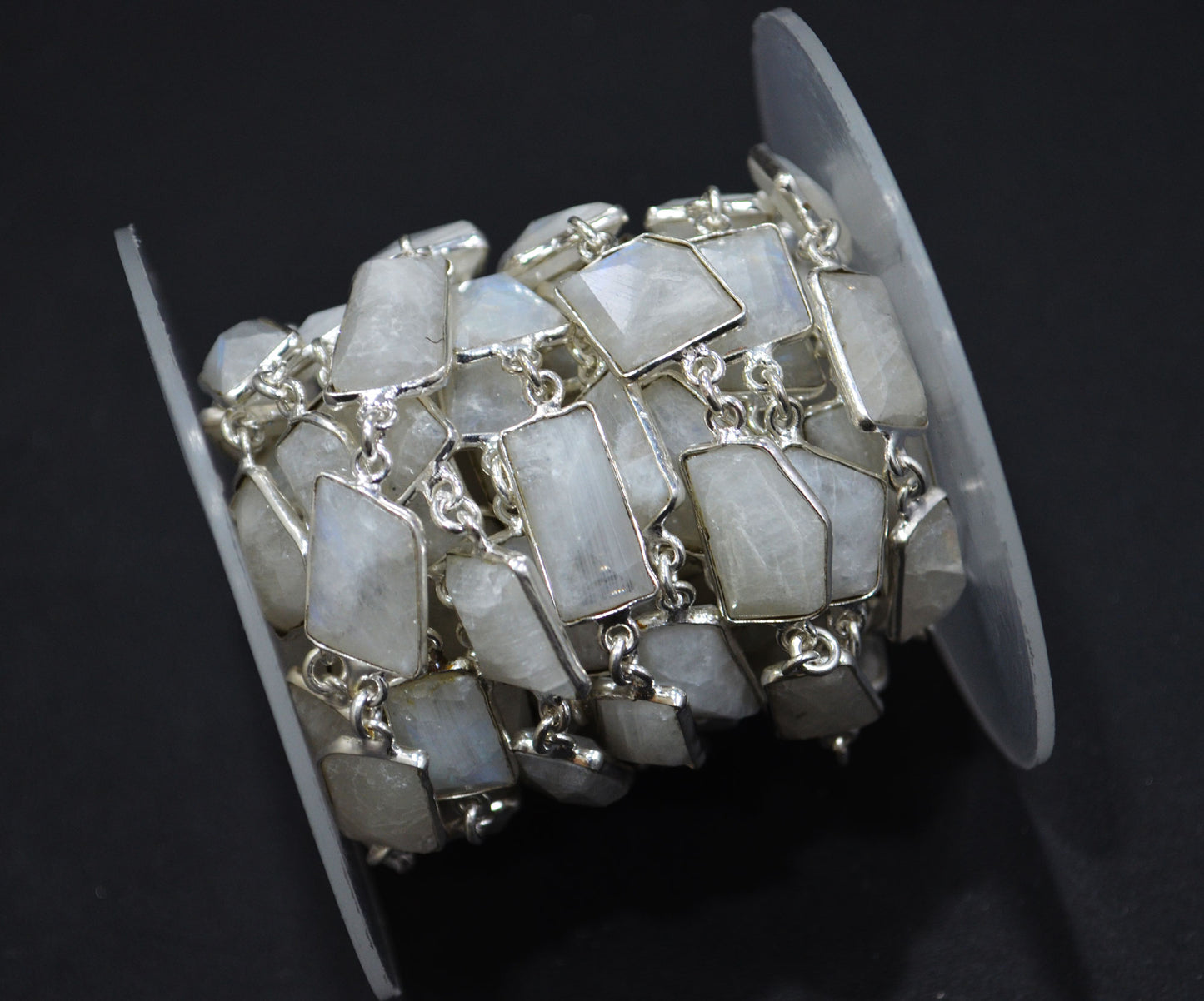 Rainbow Moonstone Silverite Fancy Cut Connector Chain , 10 - 17 mm , RB-6289