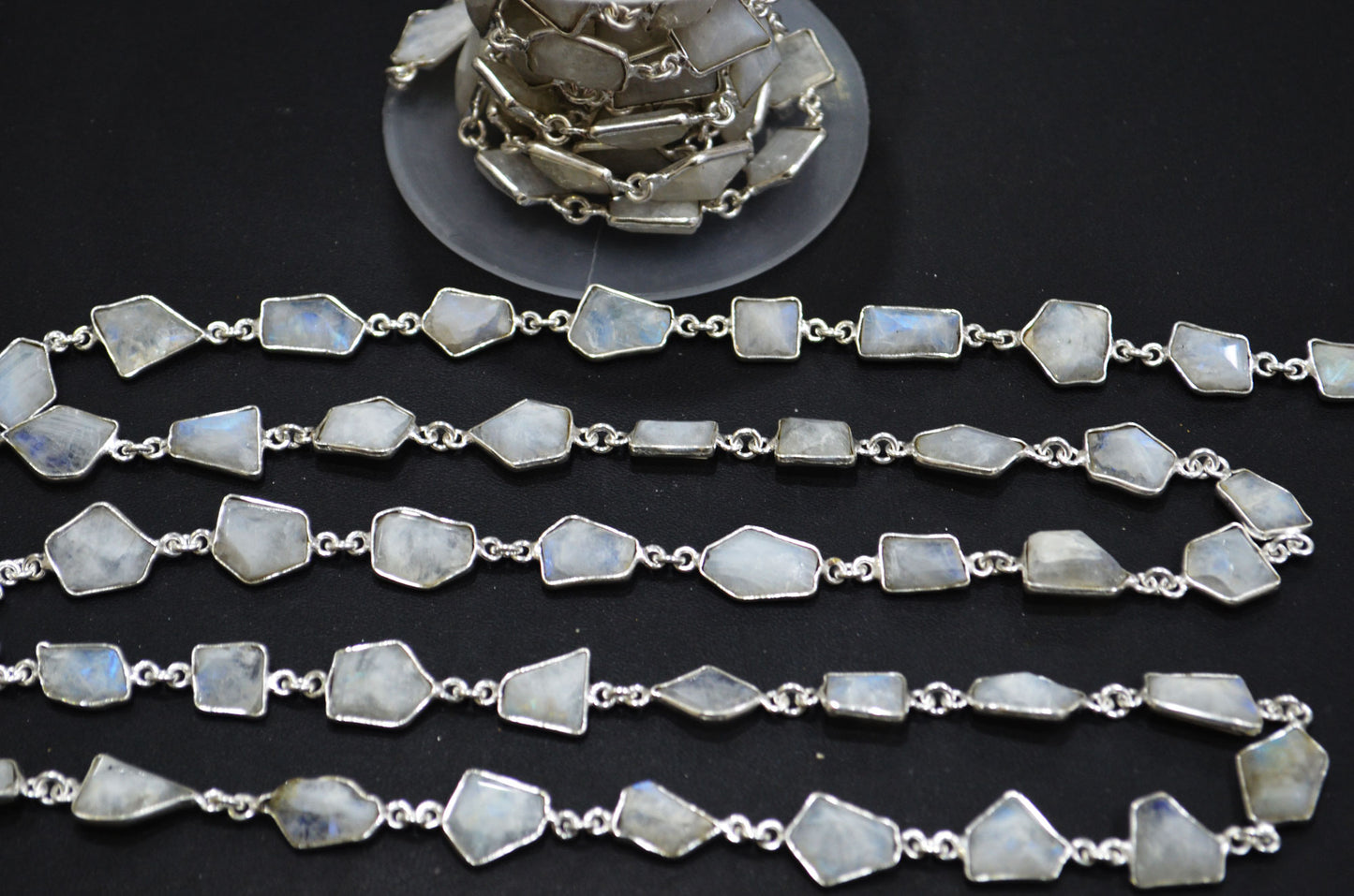 Rainbow Moonstone Silverite Fancy Cut Connector Chain ,  8 - 14 mm , RB-6290