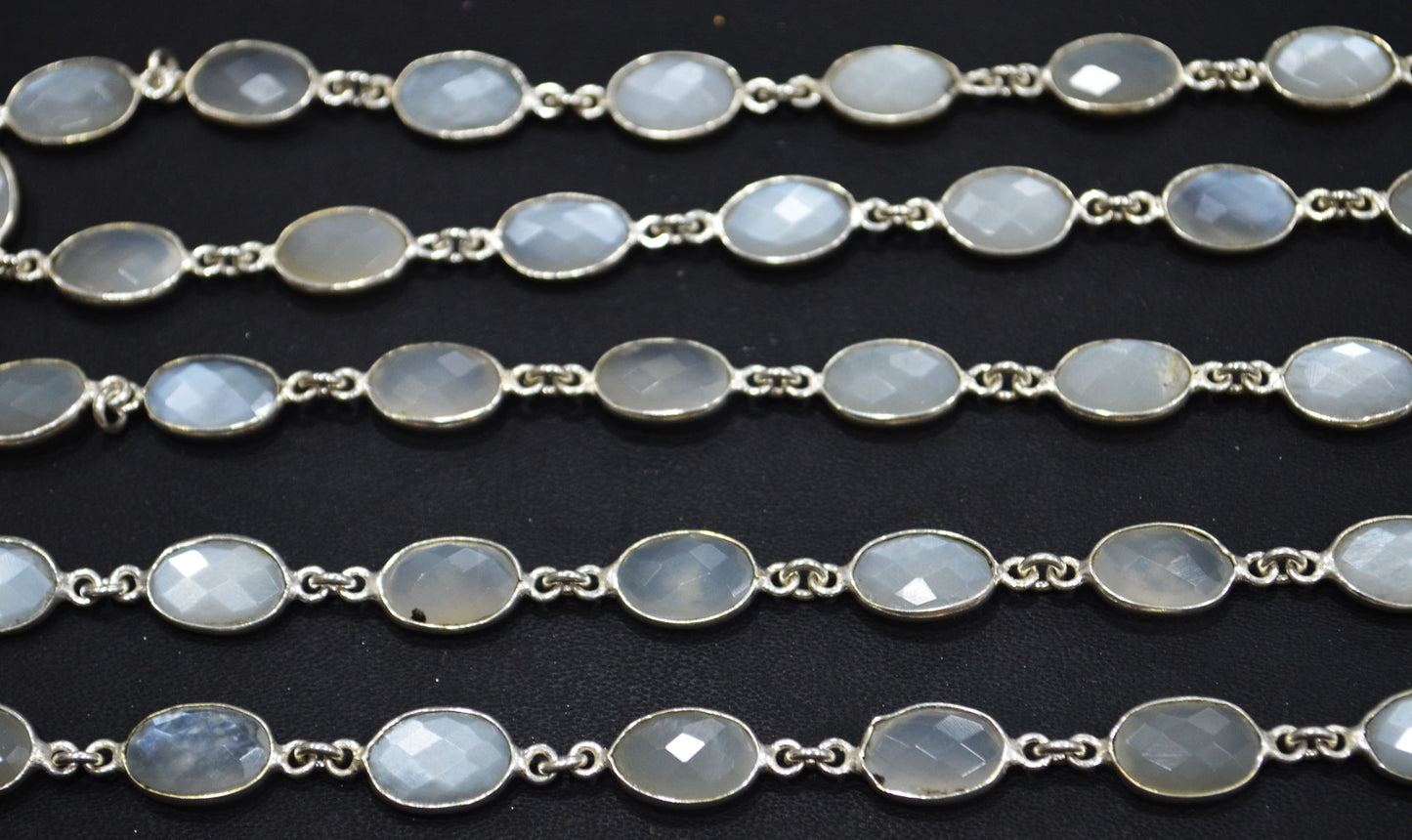 Ceylon Moonstone Faceted Oval Shape Connector Chain , 9x12 mm , RB-6298