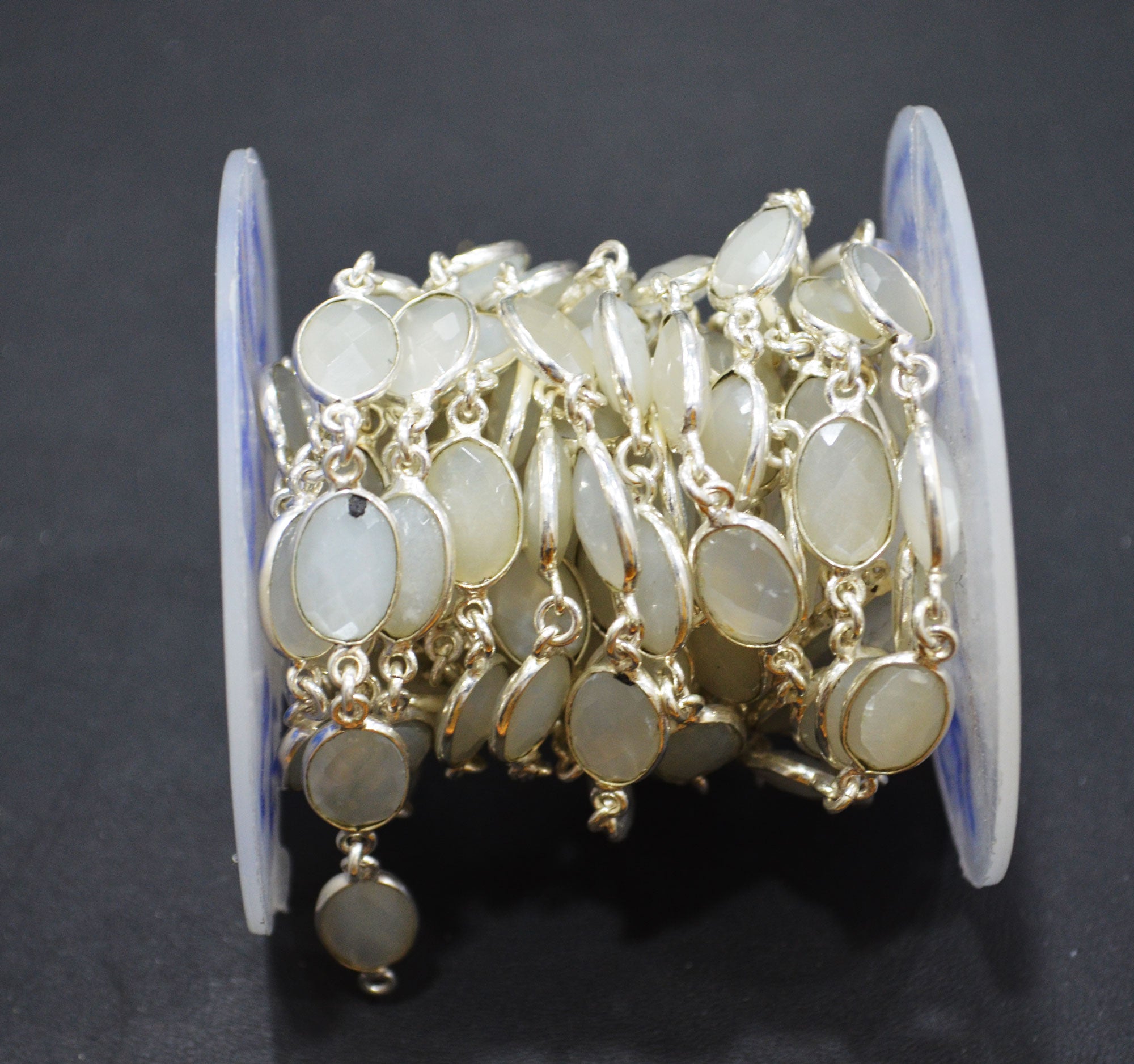 Ceylon Moonstone Faceted Oval Shape Connector Chain , 9x12 mm , RB-6298