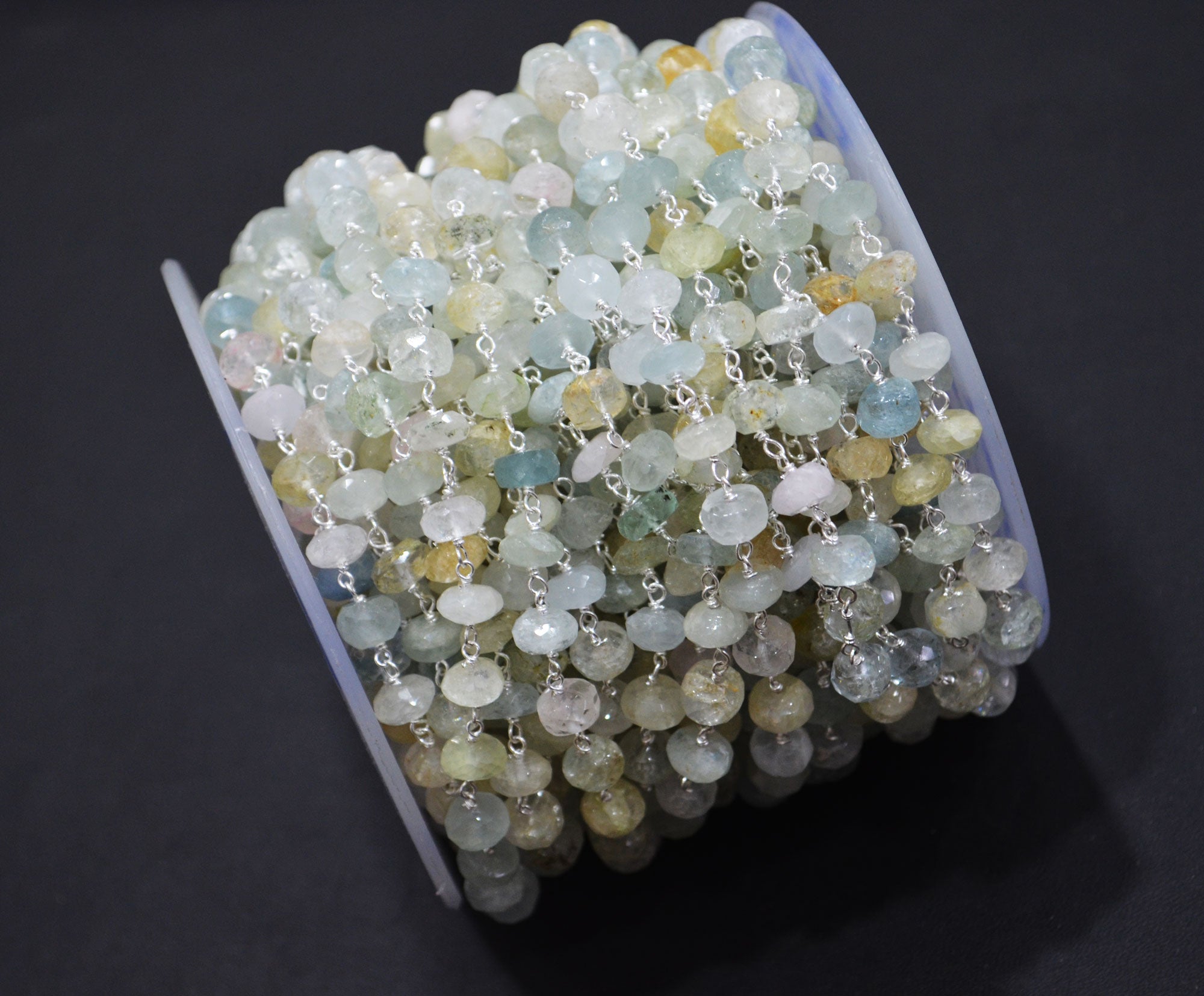 Multi Aquamarine Faceted Rondelle Shape Rosary Beaded Chain , Sold By Foot , 7.50 - 8 mm , RB-6303