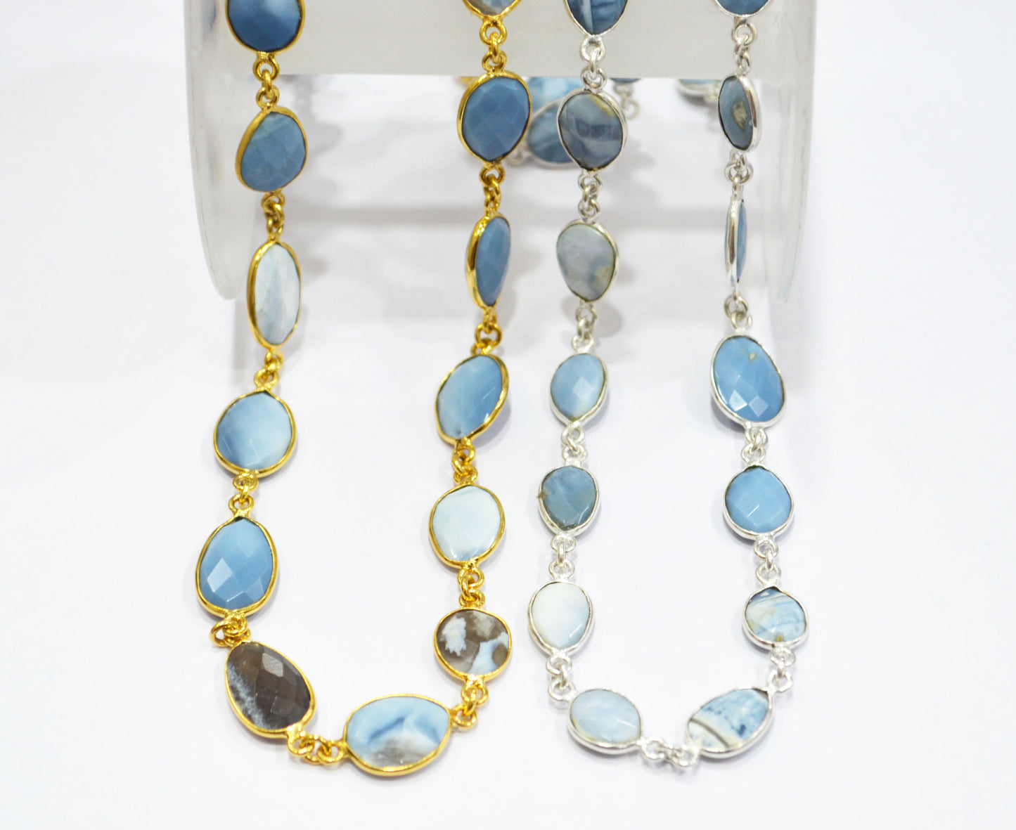 Fossil Blue Banded Opal Slice Shape Connector Chain , 10 - 14 mm , RB-6325