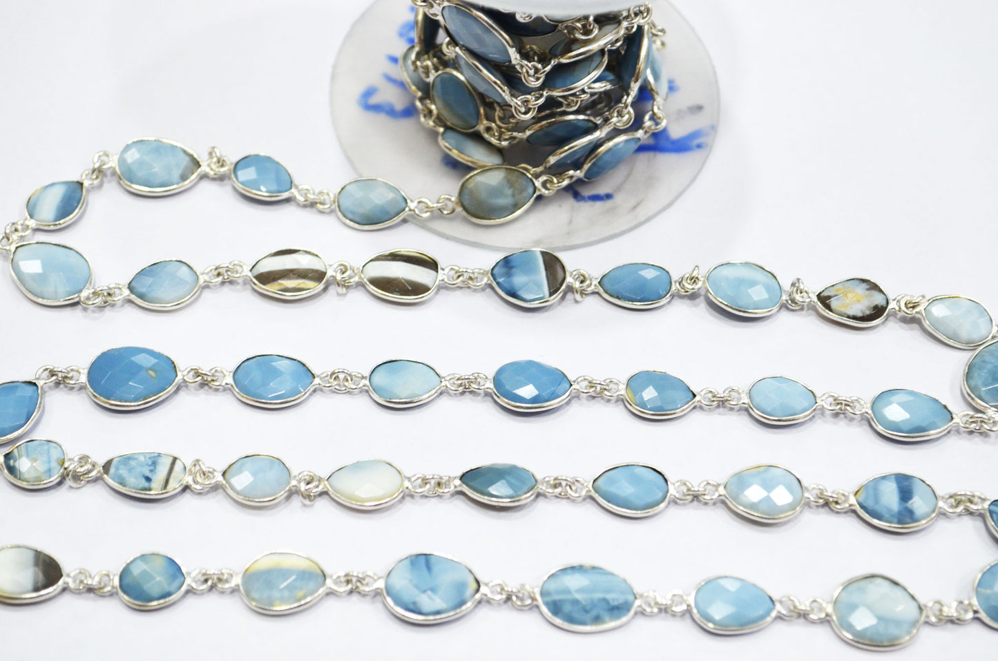 Fossil Blue Banded Opal Slice Shape Connector Chain , 10 - 14 mm , RB-6325