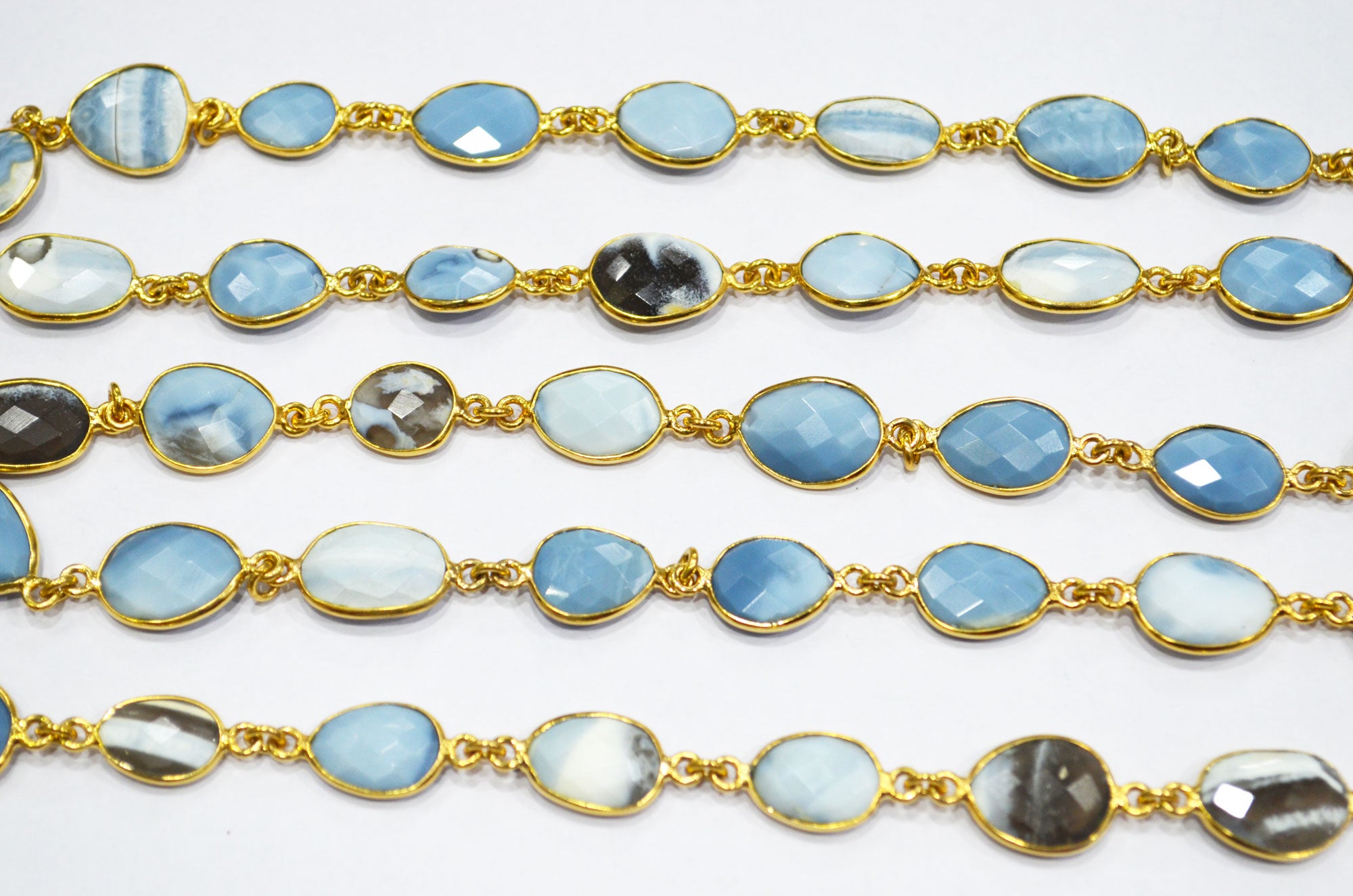 Fossil Blue Banded Opal Slice Shape Connector Chain , 10 - 14 mm , RB-6325