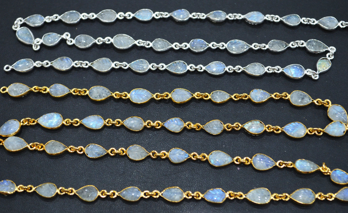 Rainbow Moonstone Hand Carved Leaf Shape Connector Chain , 7x9 mm , RB-6328