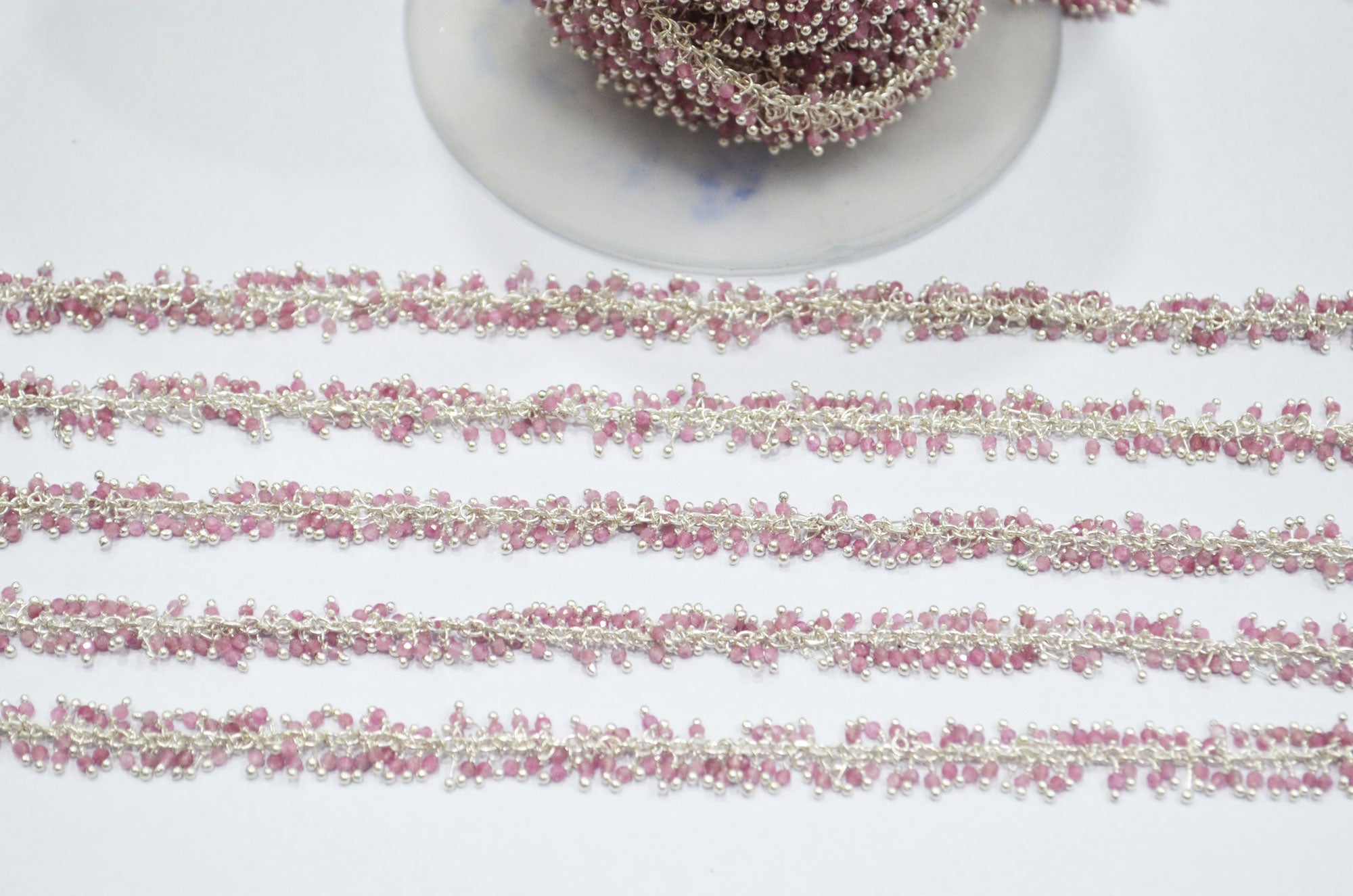 Pink Tourmaline Faceted Round Shape Rosary Beaded Grape Chain , Pink Tourmaline Angoori Cluster Wire Wrapped Chain , 2 mm , RB-6335