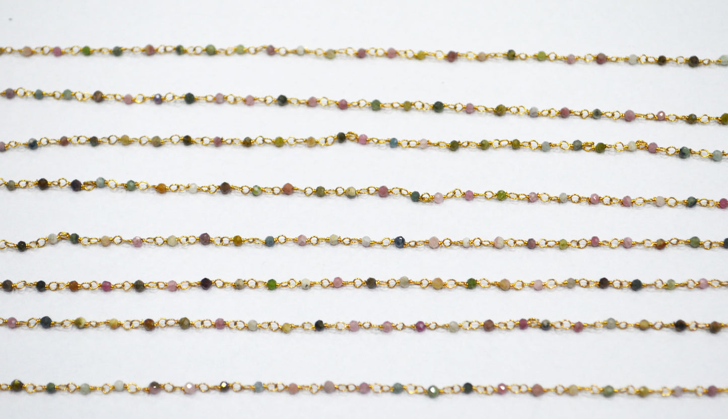 Multi Tourmaline Faceted Round Shape Rosary Beaded Chain , Sold By Foot , 2 mm , RB-6336