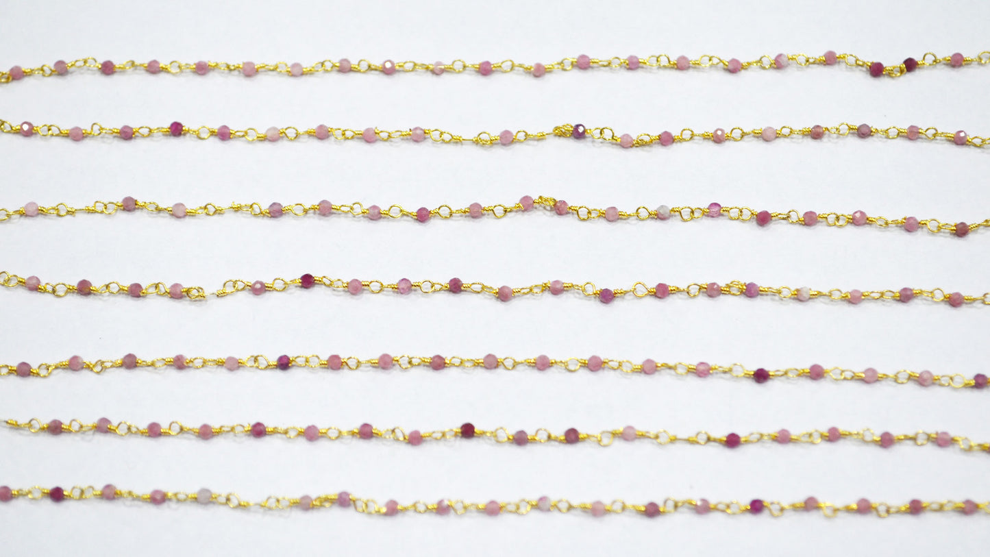 Pink Tourmaline Faceted Round Shape Rosary Beaded Chain , Sold By Foot , 2 mm , RB-6337