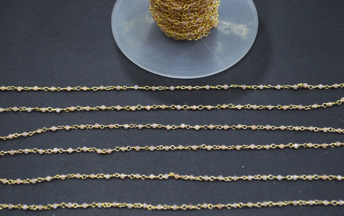 Peach Moonstone Faceted Round Shape Rosary Beaded Chain , Sold By Foot , 2 mm , RB-6338