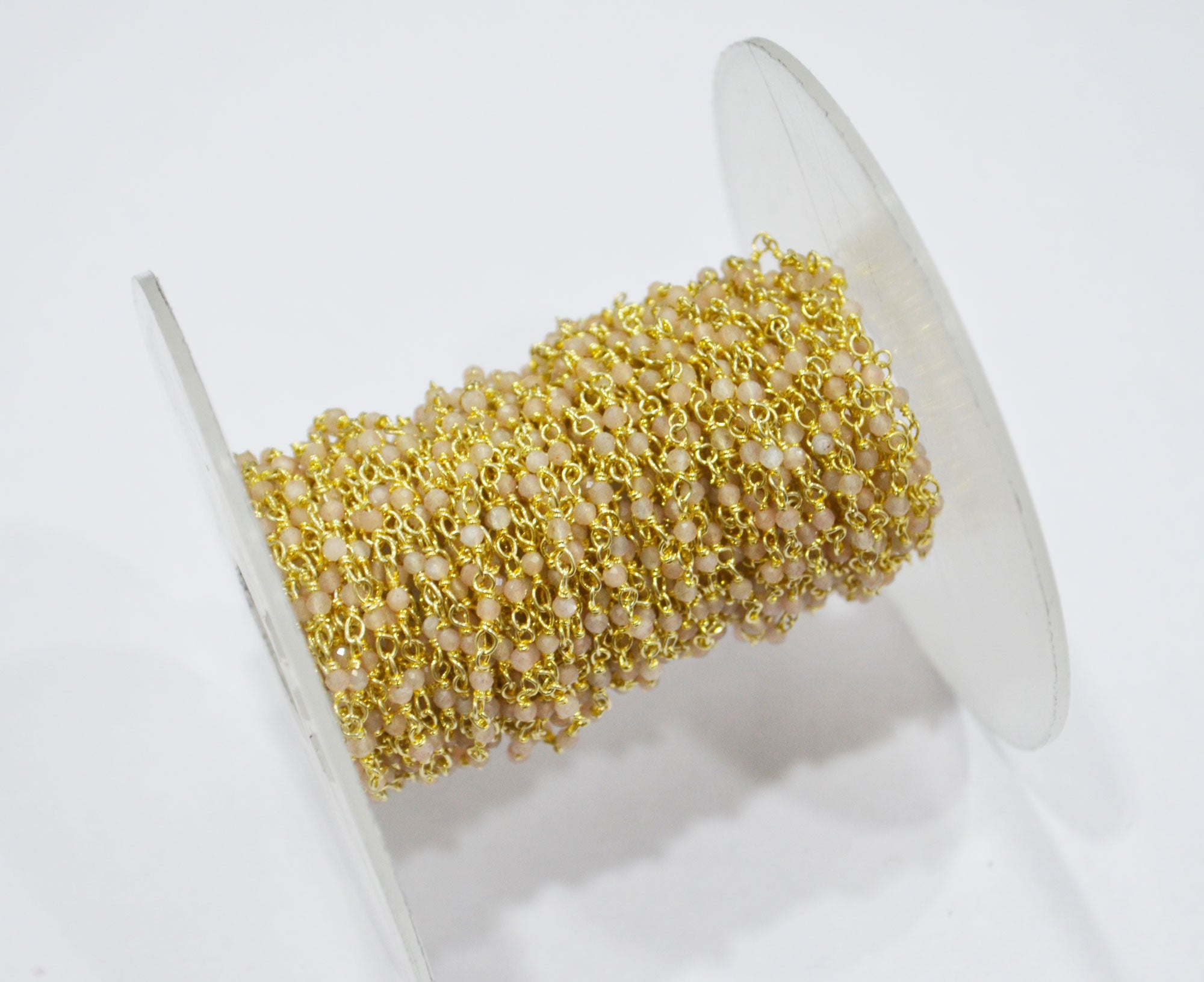 Peach Moonstone Faceted Round Shape Rosary Beaded Chain , Sold By Foot , 2 mm , RB-6338