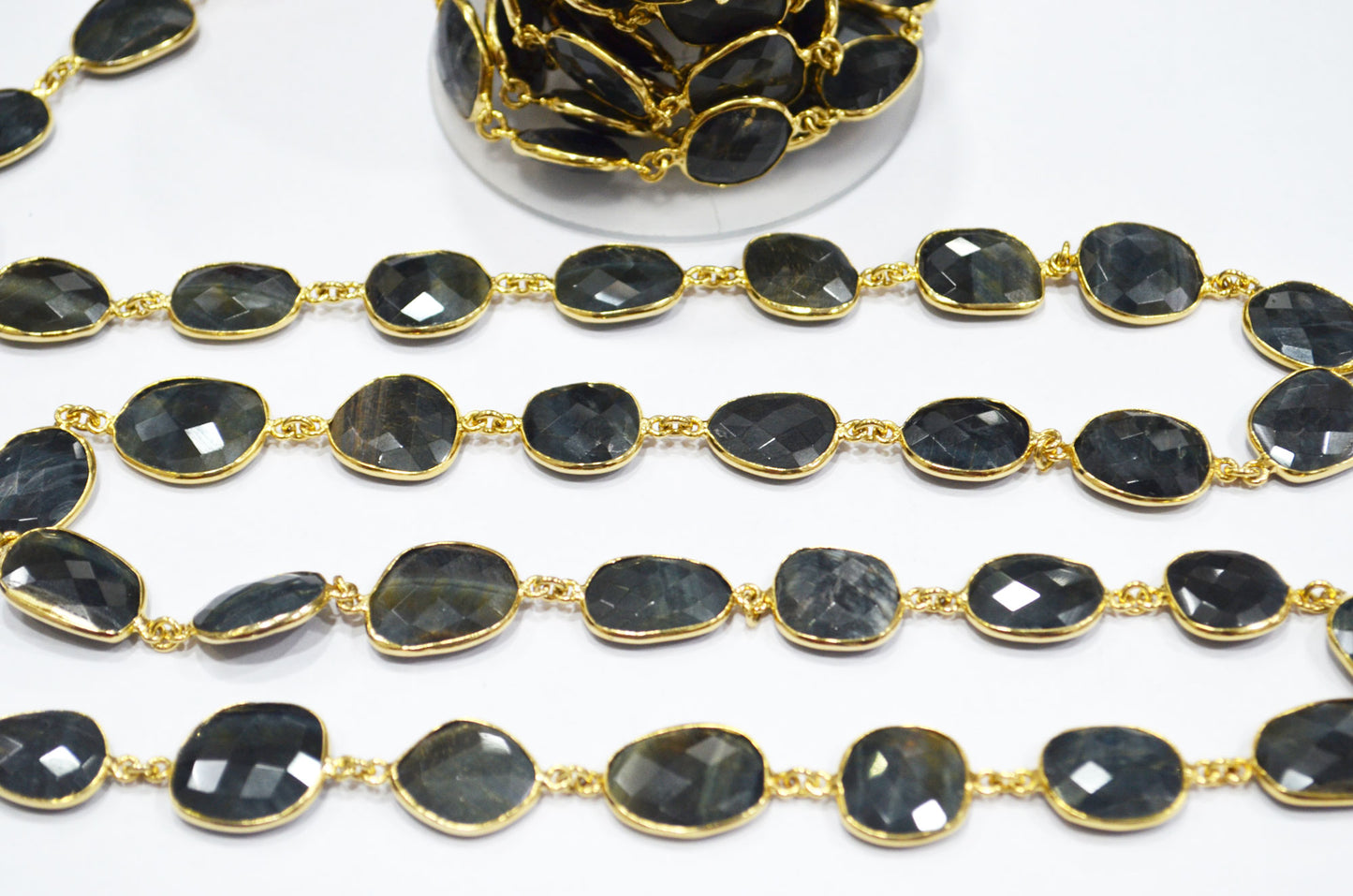 Black Iron Tiger Eye Slice Shape Connector Chain , 15 - 19 mm , RB-6341