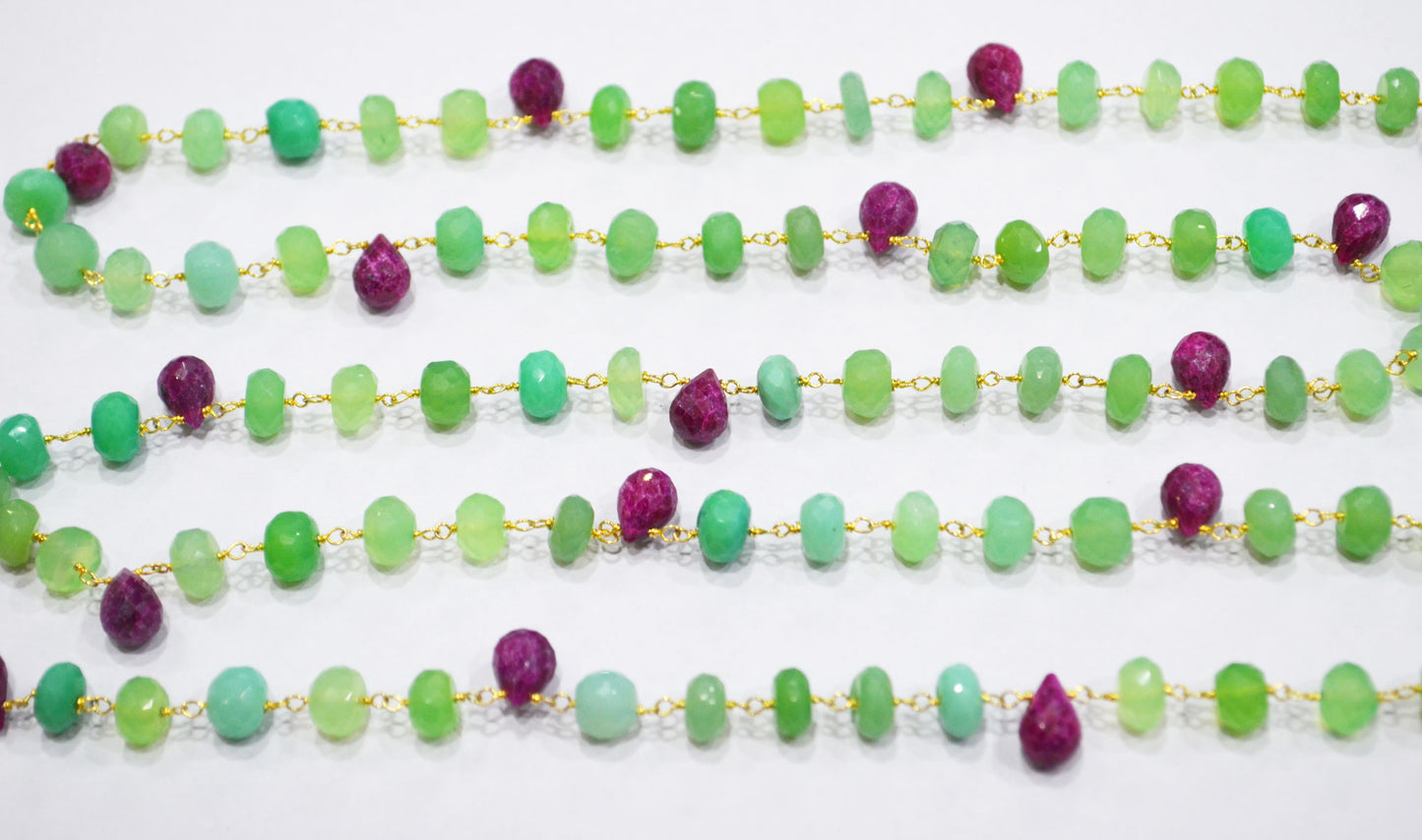 Chrysoprase Chalcedony Rondelle Shape Rosary Beaded Chain , Ruby Faceted Tear Drops Wire Wrapped Chain , 6 - 7 mm , RB-6354