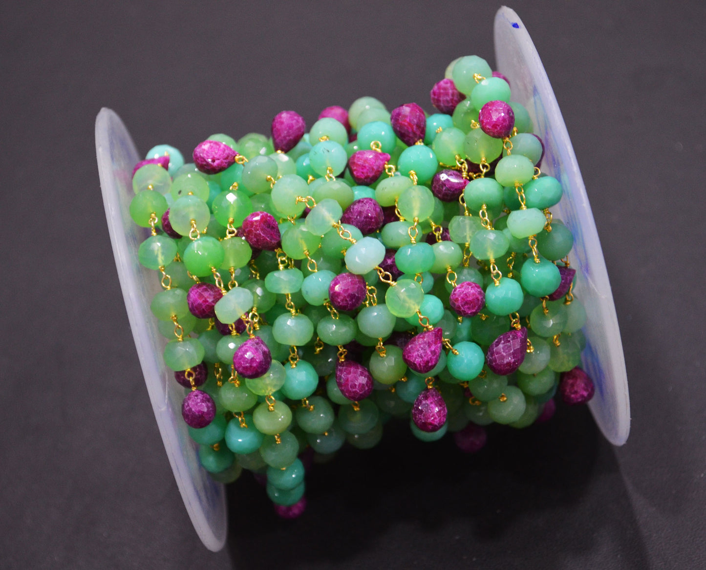 Chrysoprase Chalcedony Rondelle Shape Rosary Beaded Chain , Ruby Faceted Tear Drops Wire Wrapped Chain , 6 - 7 mm , RB-6354