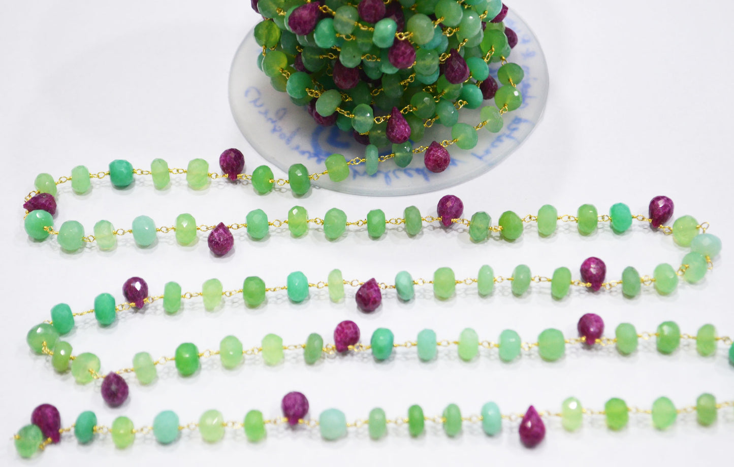 Chrysoprase Chalcedony Rondelle Shape Rosary Beaded Chain , Ruby Faceted Tear Drops Wire Wrapped Chain , 6 - 7 mm , RB-6354