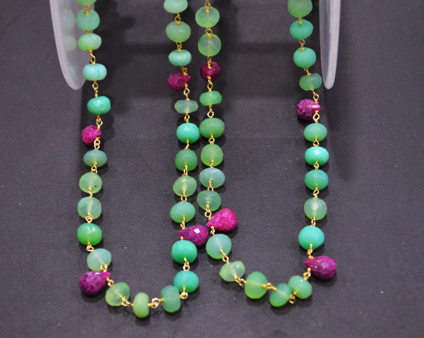 Chrysoprase Chalcedony Rondelle Shape Rosary Beaded Chain , Ruby Faceted Tear Drops Wire Wrapped Chain , 6 - 7 mm , RB-6354