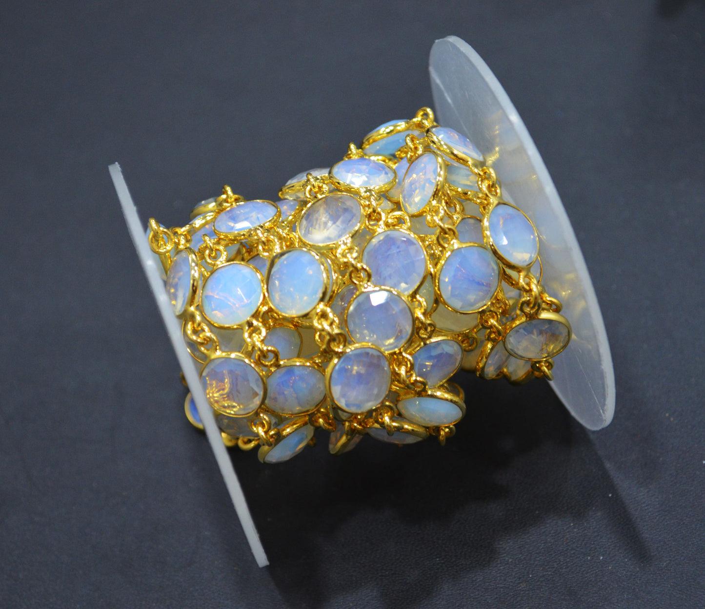 Opalite Hydro Glass Faceted Coin Shape Connector Chain , 10 mm , RB-6358