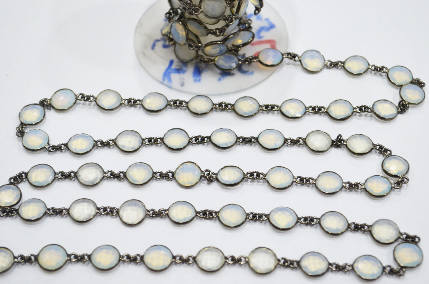 Opalite Hydro Glass Faceted Coin Shape Connector Chain , 10 mm , RB-6358