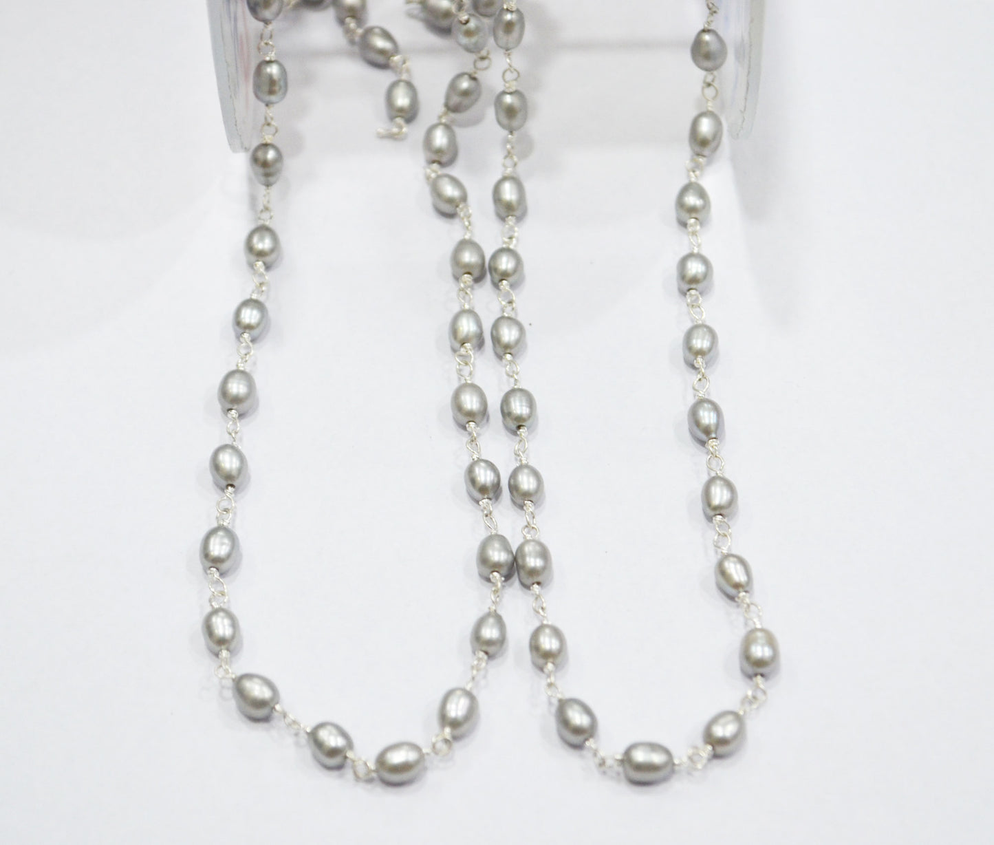 Natural Grey Rice Pearl Smooth Nuggets Shape Rosary Beaded Chain , 4x5 mm , RB-6359