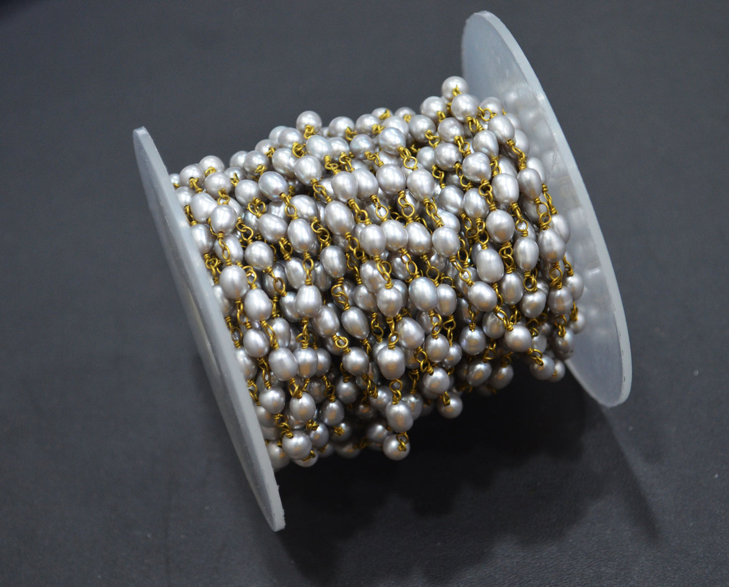 Natural Grey Rice Pearl Smooth Nuggets Shape Rosary Beaded Chain , 4x5 mm , RB-6359