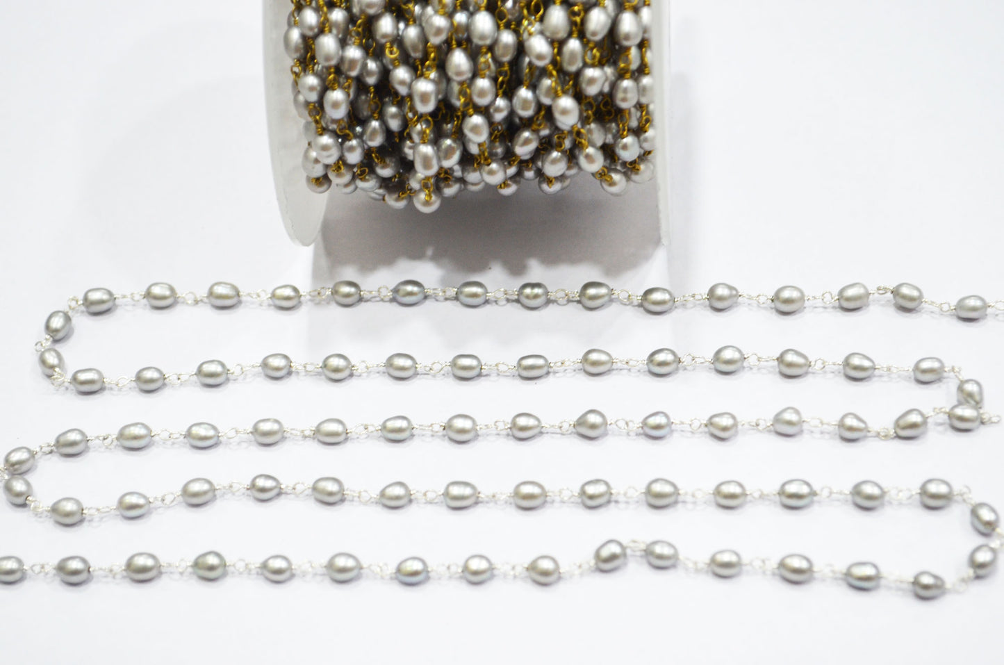Natural Grey Rice Pearl Smooth Nuggets Shape Rosary Beaded Chain , 4x5 mm , RB-6359