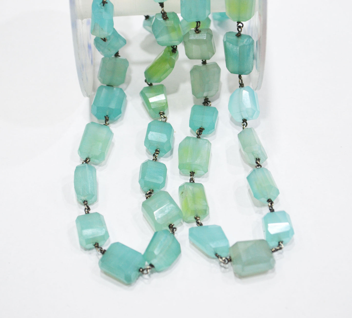 Mystic Aqua Chalcedony Laser Cut Nuggets Shape Rosary Beaded Chain , 7 - 12 mm , RB-6362