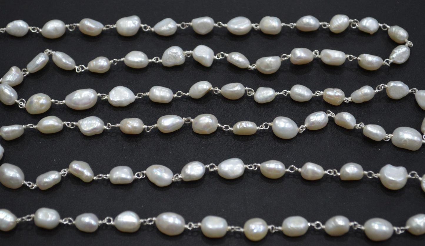 Natural Organic Easter Pearl Smooth Nuggets Shape Rosary Beaded Chain , 8 - 10 mm , RB-6363