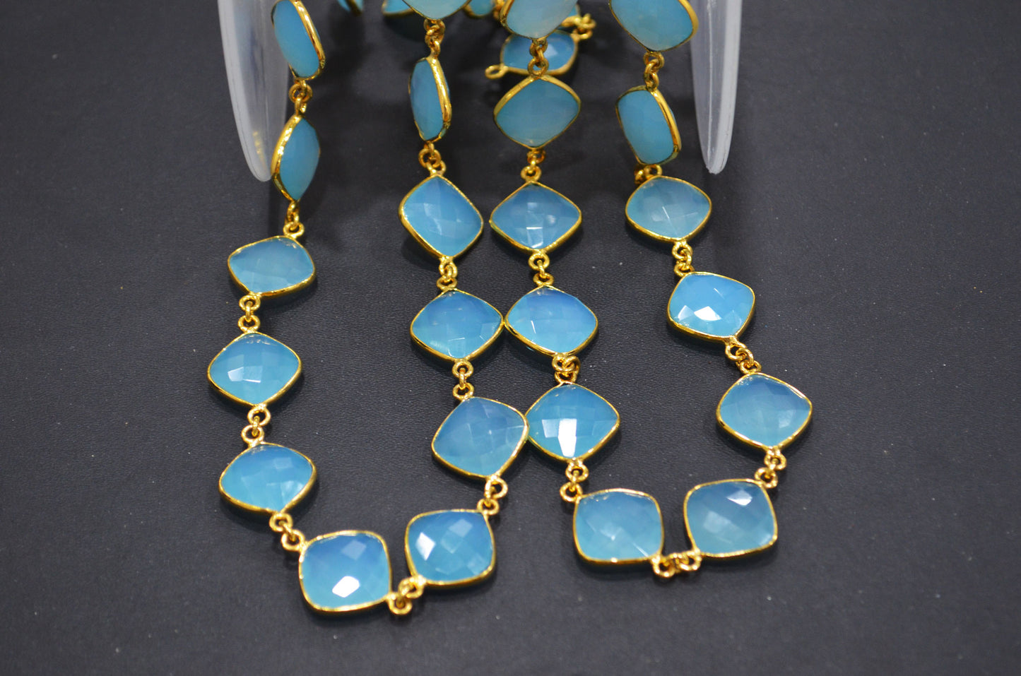 Blue Topaz Chalcedony Faceted Cushion Shape Connector Chain , 14 mm , RB-6364A